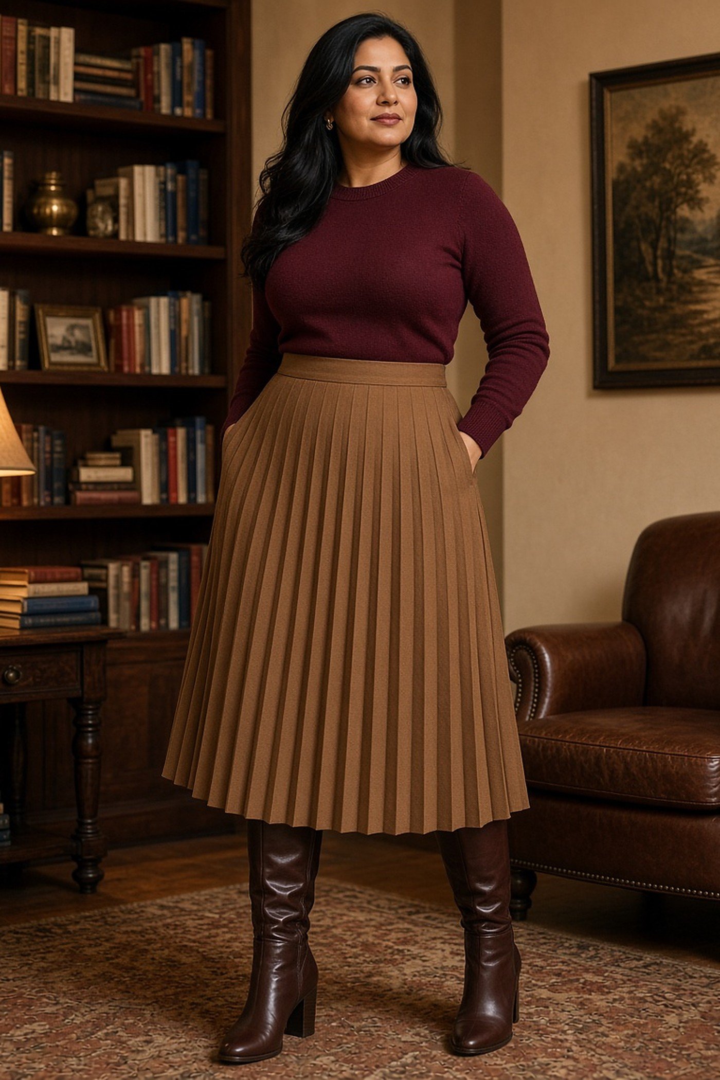Woman over 40 in burgundy sweater and pleated midi skirt