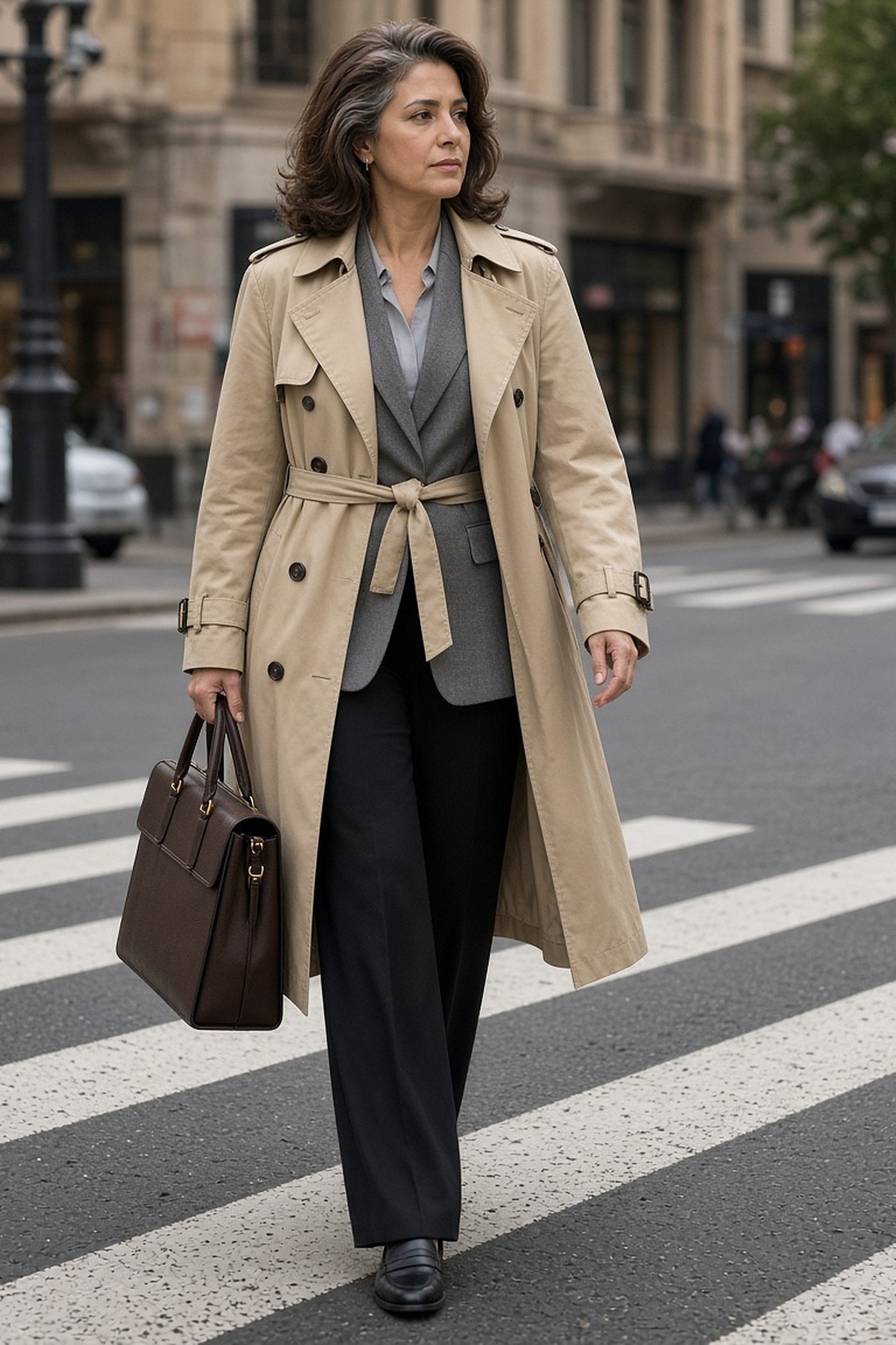 Woman over 40 in trench coat over office wear