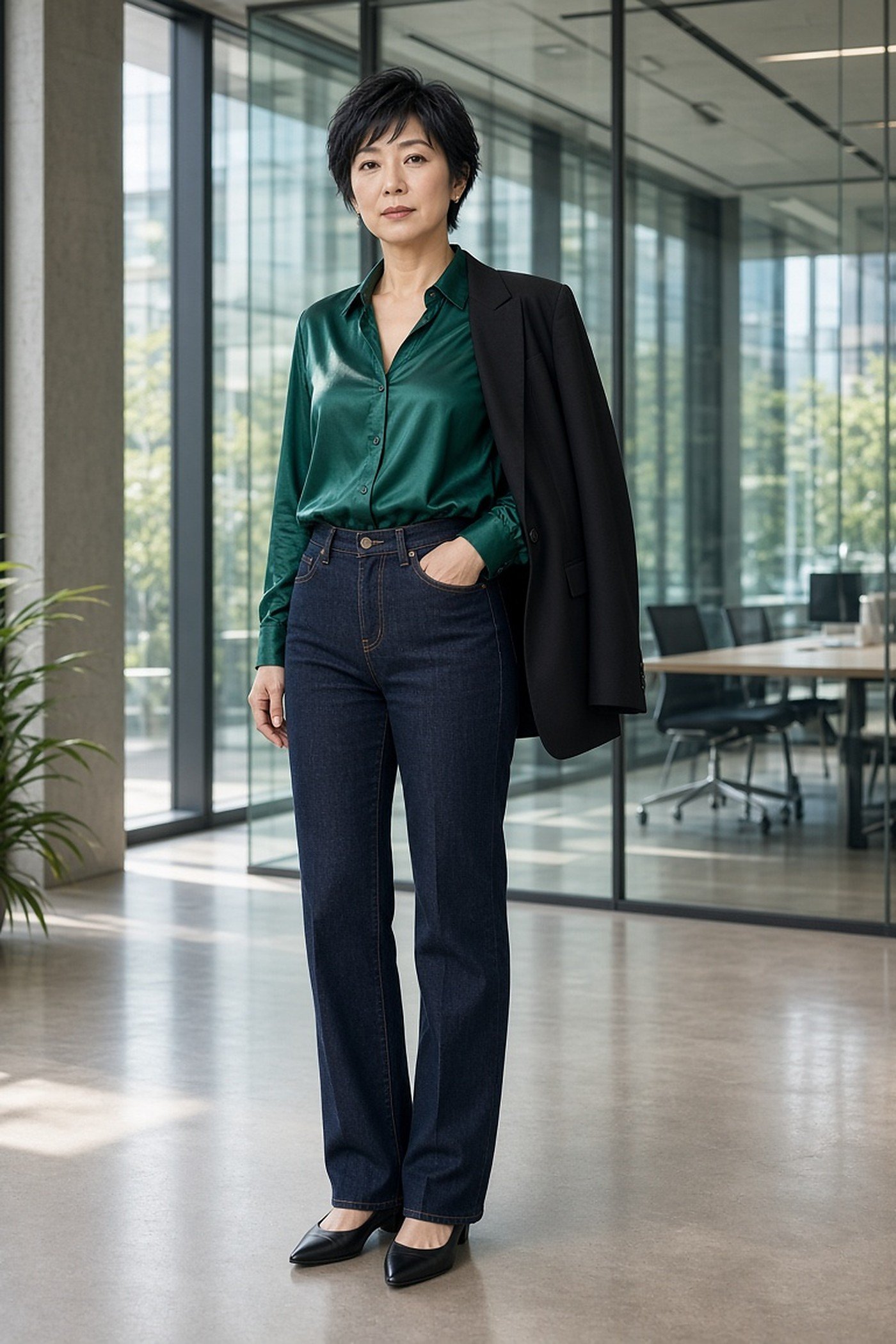 Woman over 40 in dark jeans and green silk blouse at the office