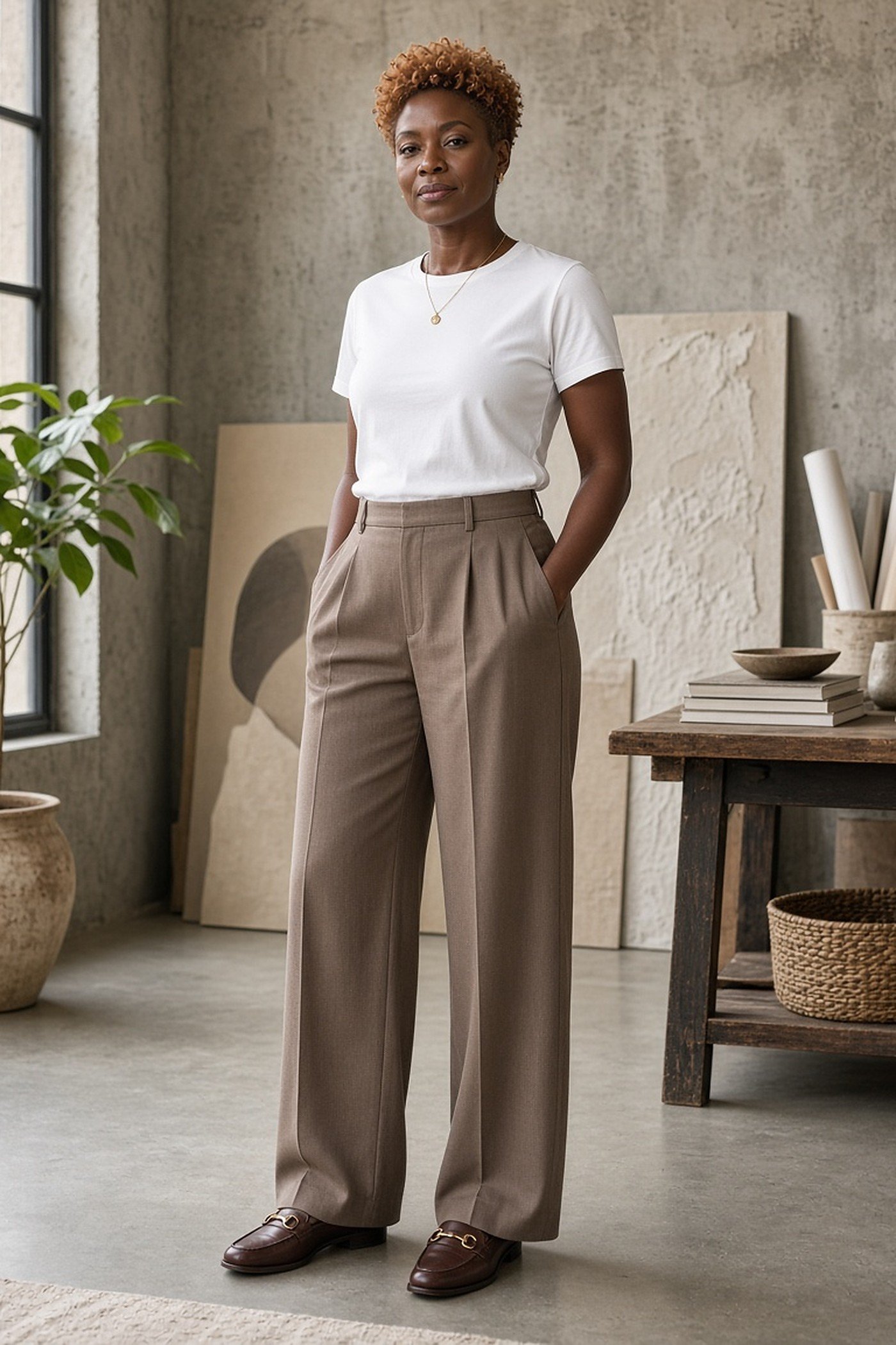 Woman over 40 in wide-leg trousers and tucked white tee