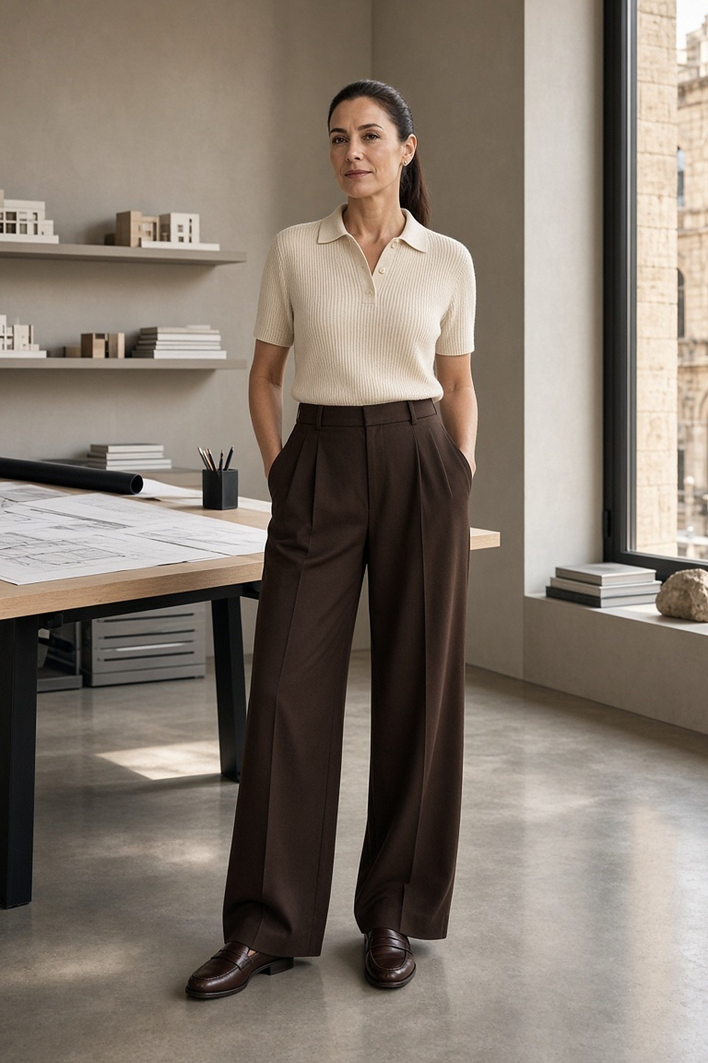 Woman over 40 in knit polo and pleated brown trousers