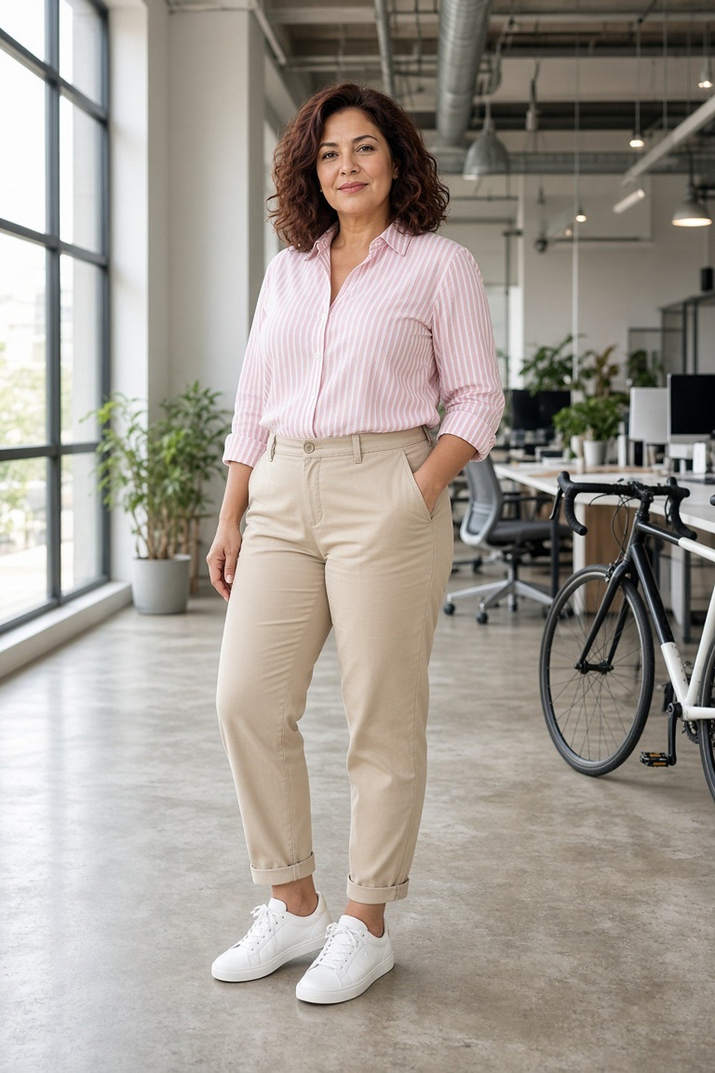 Woman over 40 in pink striped shirt and chinos
