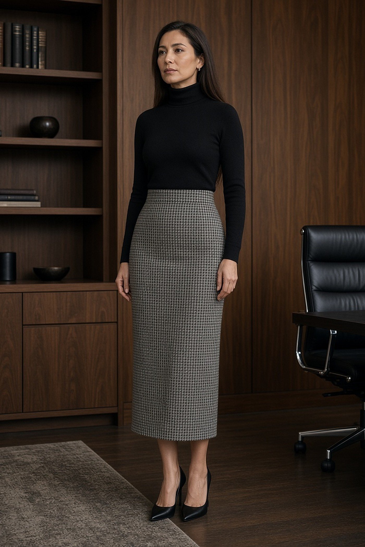 Woman over 40 in black turtleneck and houndstooth pencil skirt