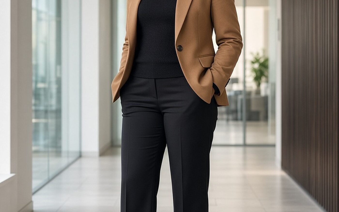 Woman over 40 in camel blazer, black knit and trousers for smart casual office