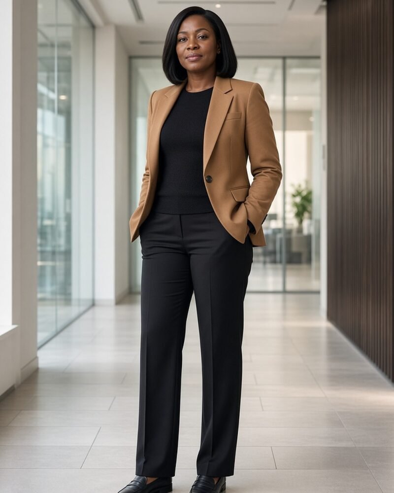 Woman over 40 in camel blazer, black knit and trousers for smart casual office