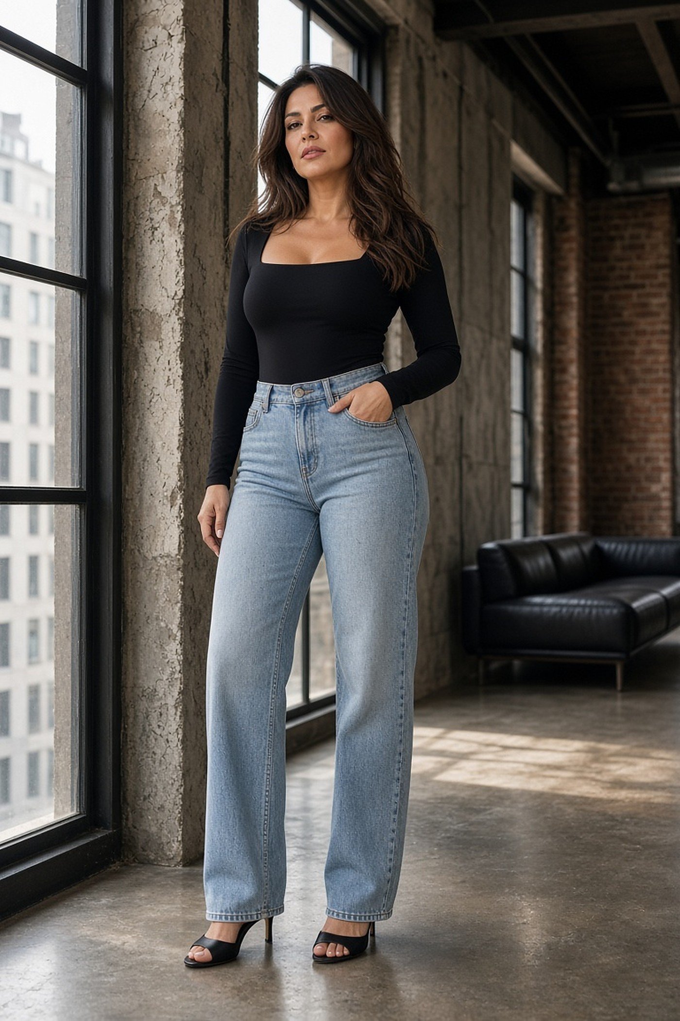 Curvy woman in black bodysuit and high-waisted jeans