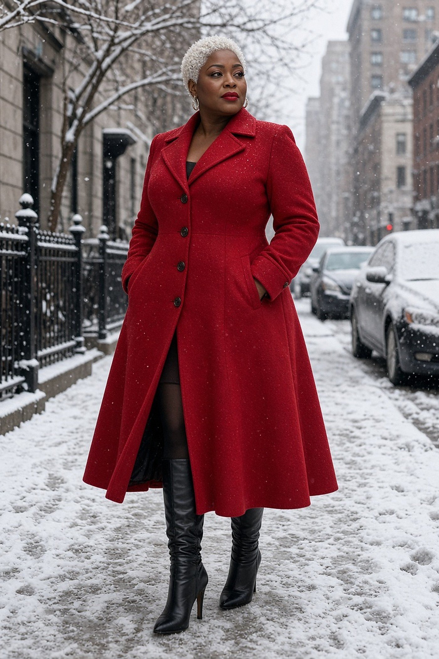 Curvy woman in red fit-and-flare coat