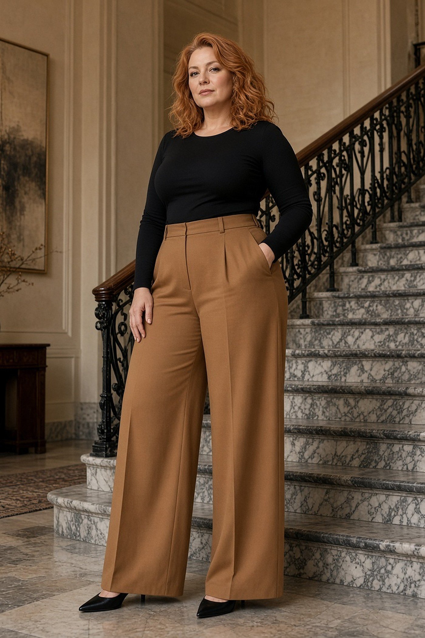 Curvy woman in high-waisted camel wide-leg trousers