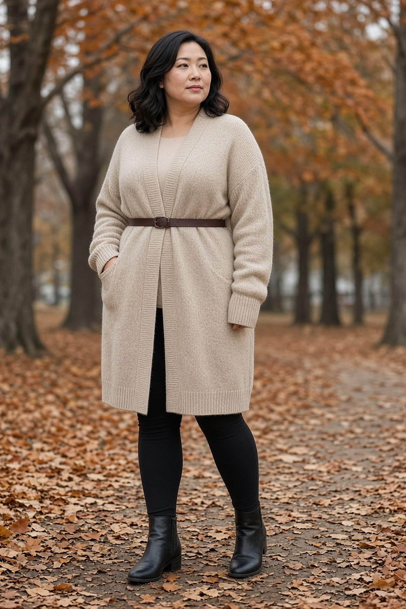 Curvy woman in belted long oatmeal cardigan