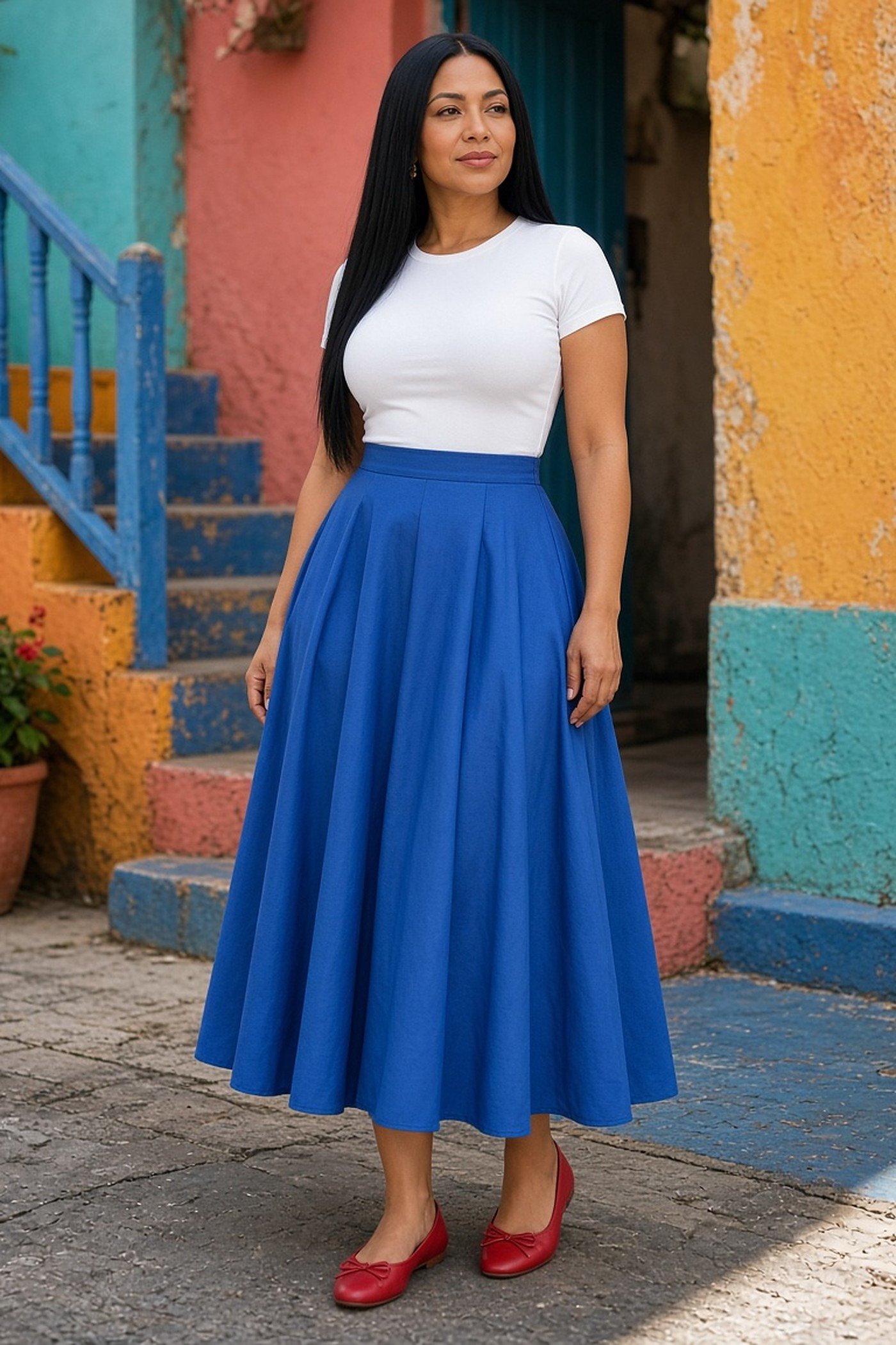 Curvy woman in fitted white top and full blue midi skirt