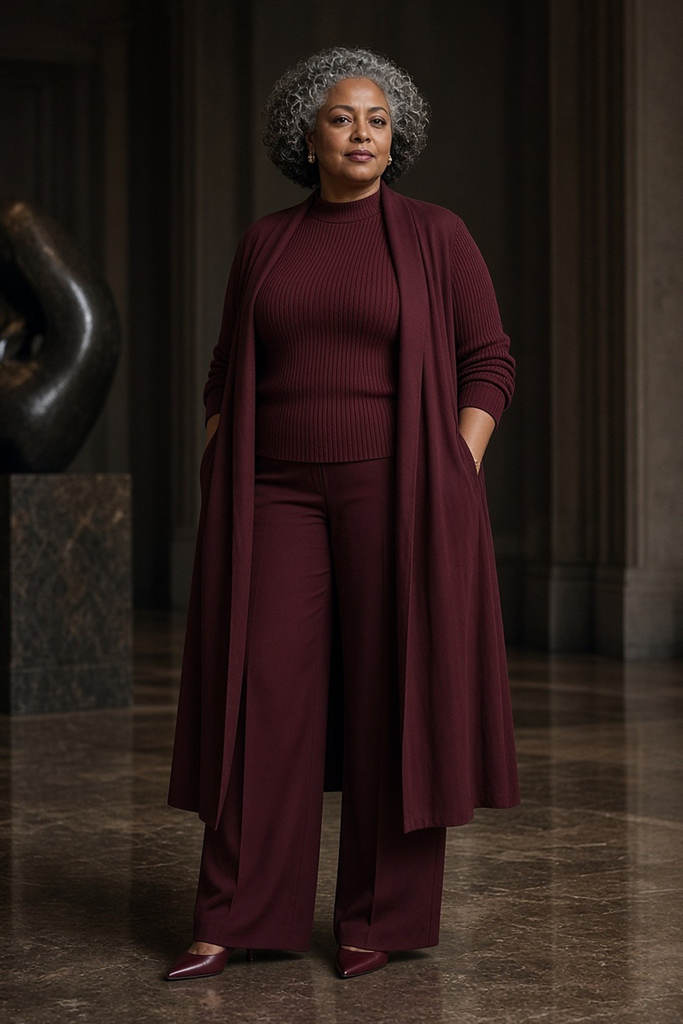 Curvy woman in monochrome burgundy column outfit