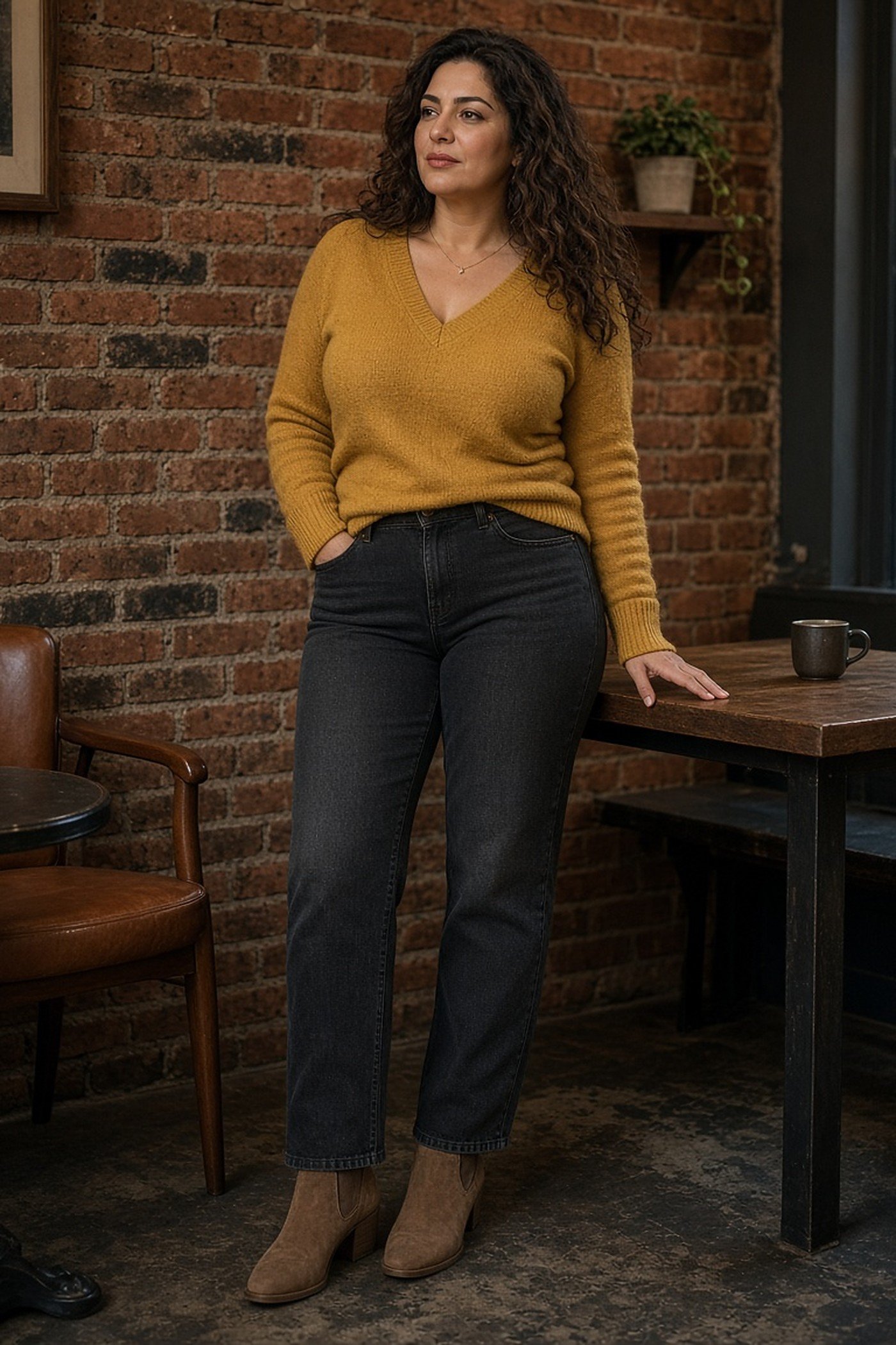 Curvy woman in mustard V-neck sweater and dark jeans