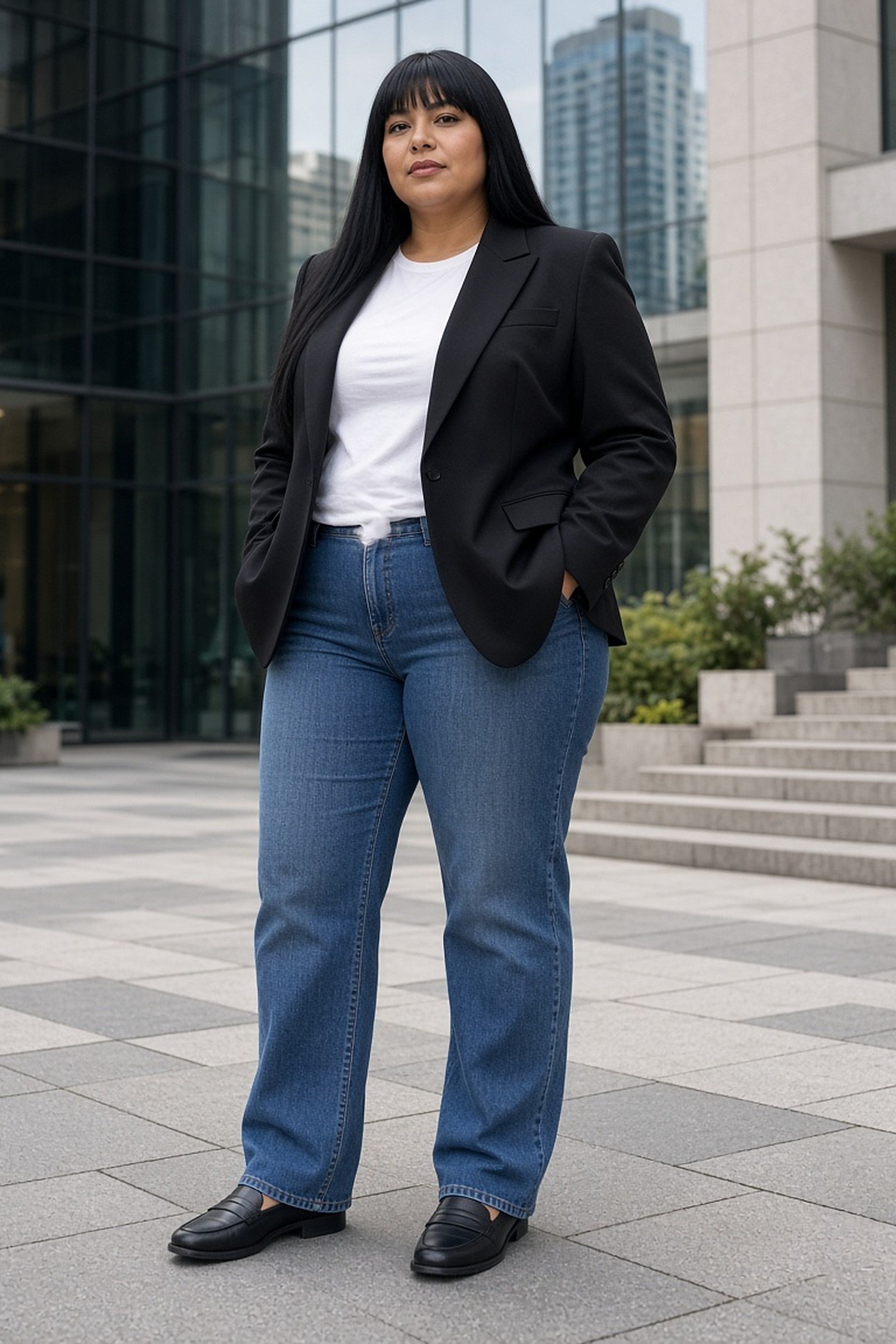 Curvy woman in structured black blazer and jeans