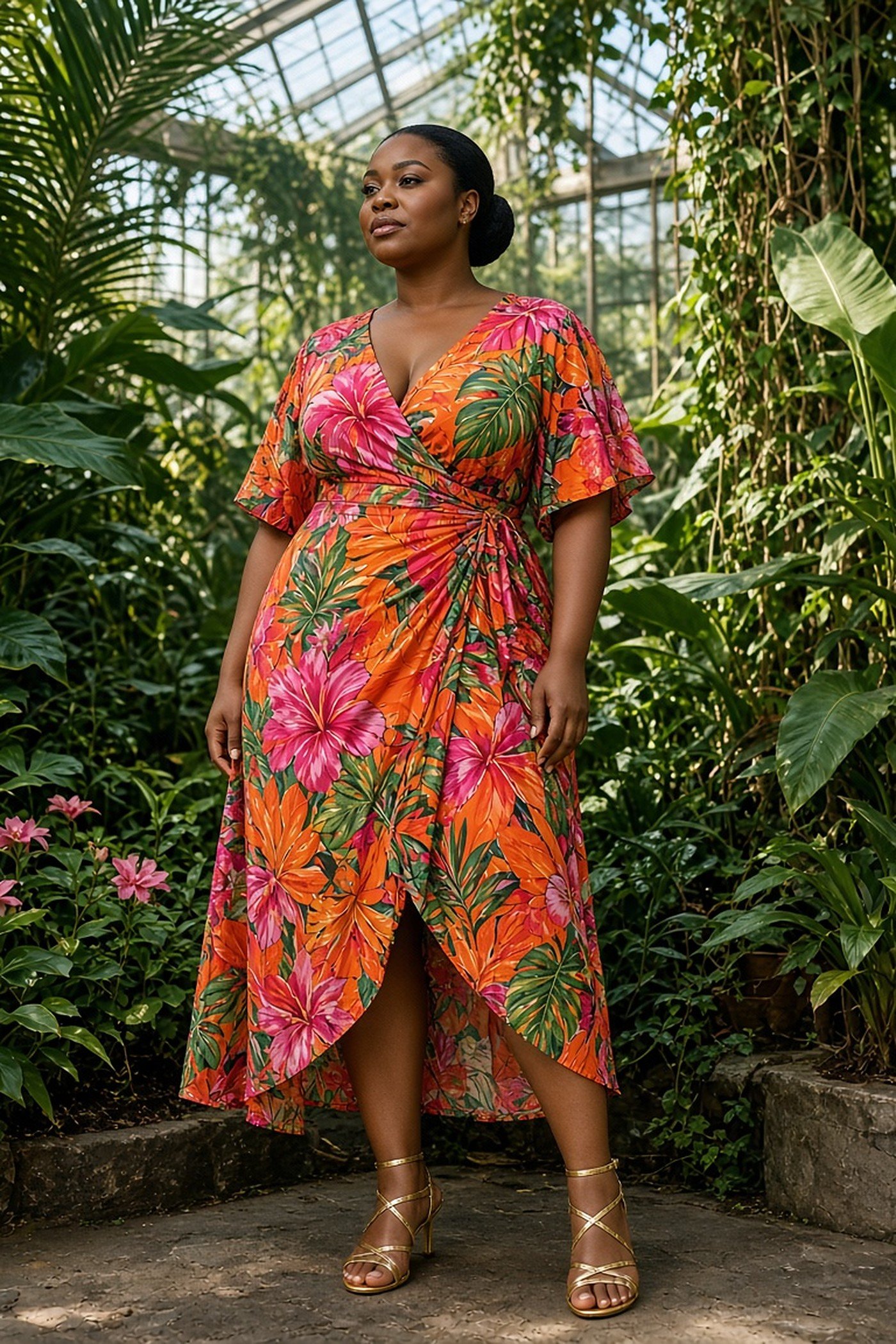 Curvy woman in bold large-scale floral wrap dress