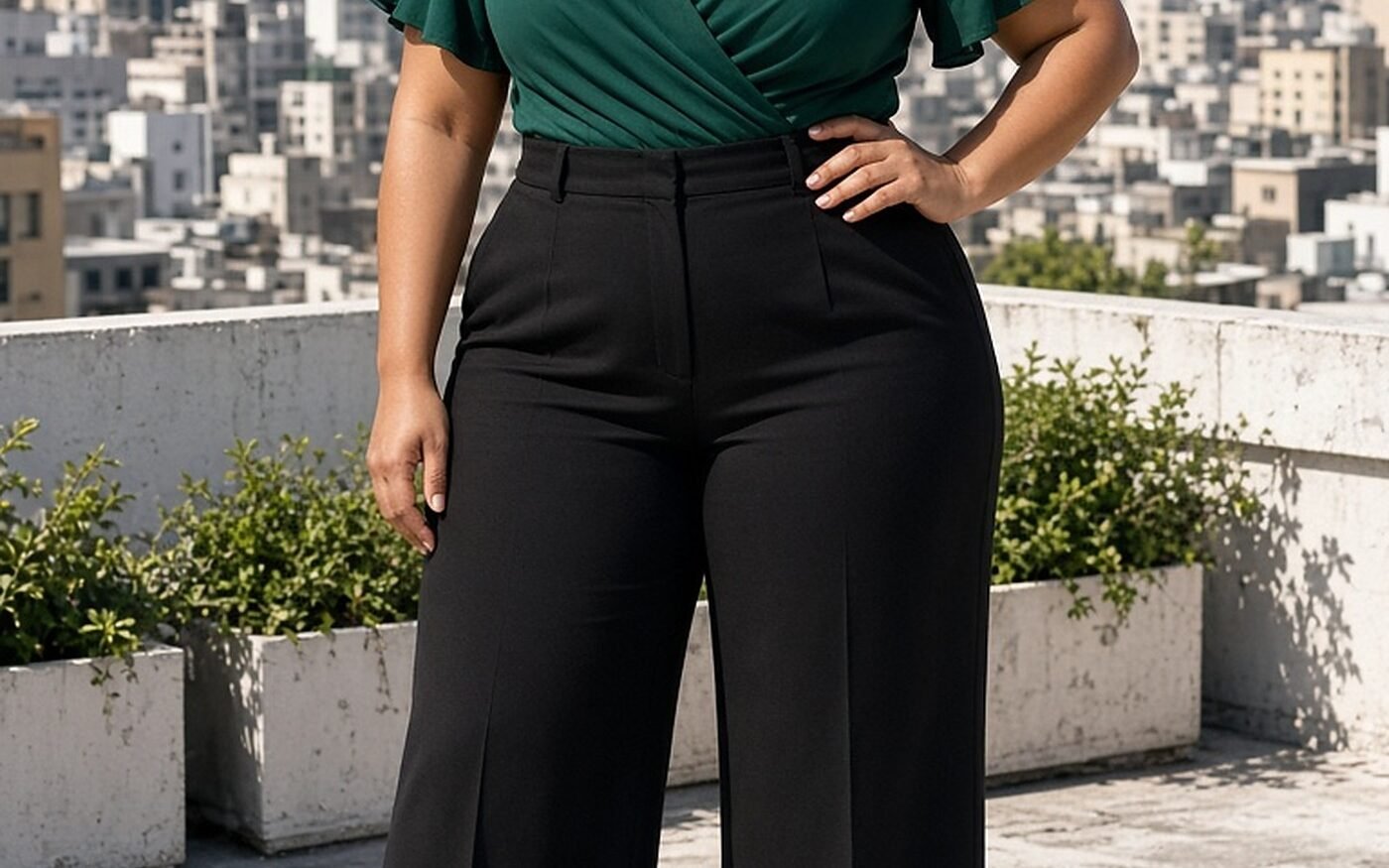 Curvy woman in green wrap top and high-waisted wide-leg trousers