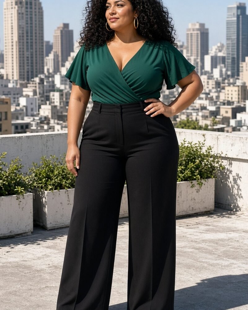 Curvy woman in green wrap top and high-waisted wide-leg trousers