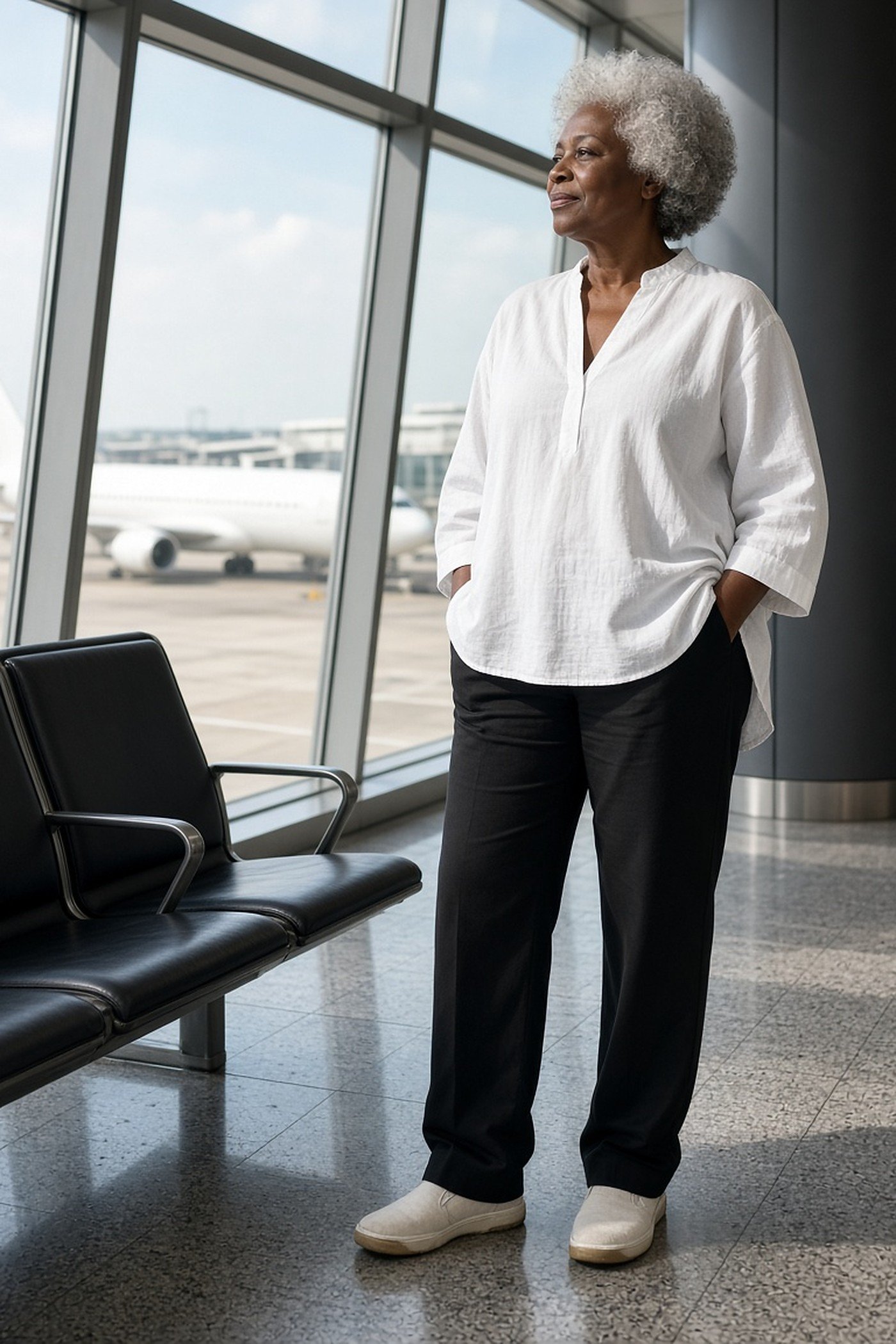 Woman over 60 in pull-on travel trousers and white tunic at the airport