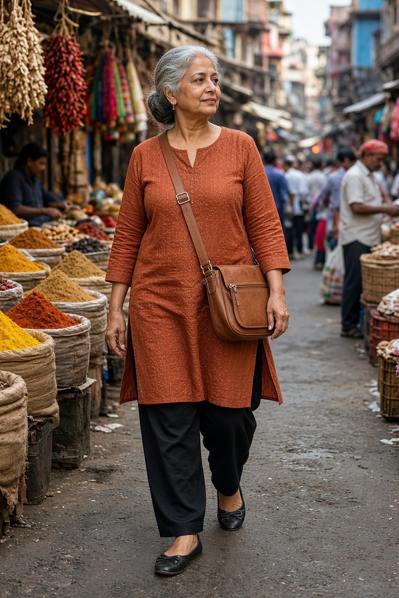 Woman over 60 with leather crossbody bag at a market