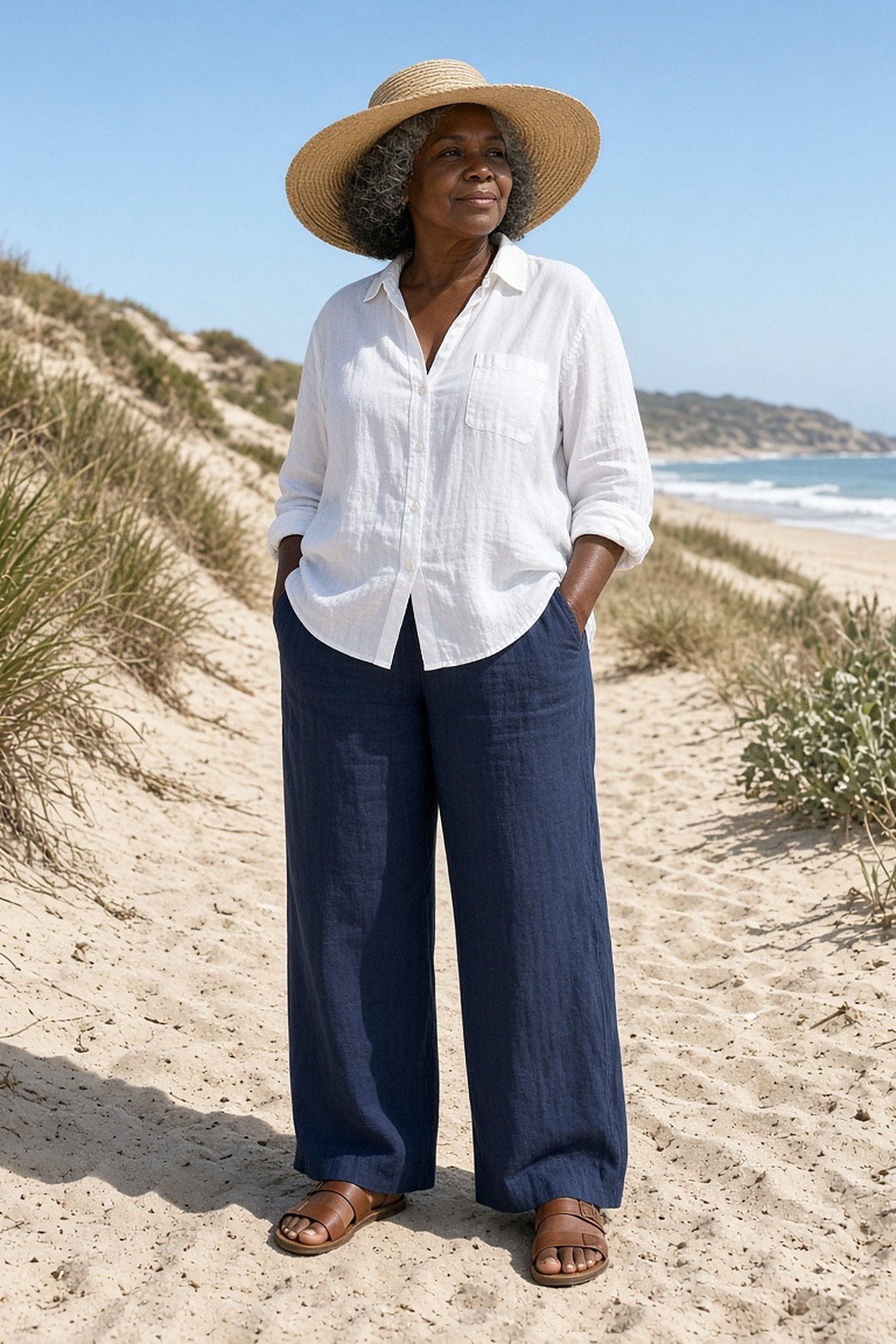 Woman over 60 in packable straw sun hat
