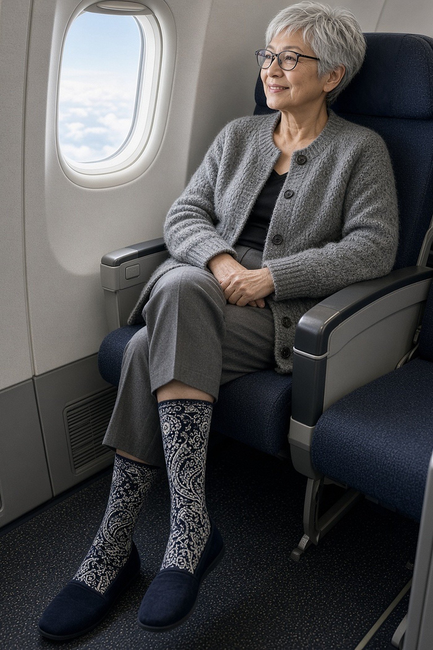 Woman over 60 wearing compression socks on a plane