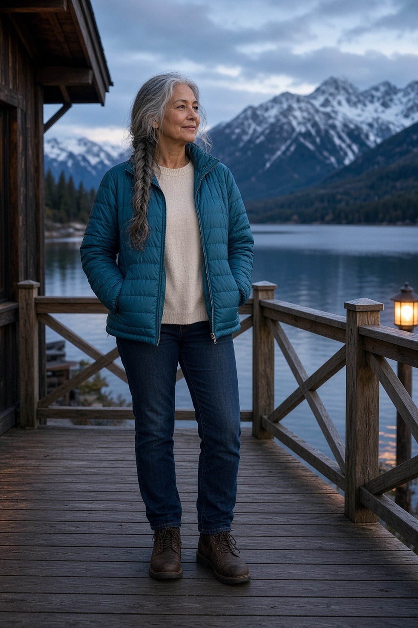 Woman over 60 in light teal puffer jacket