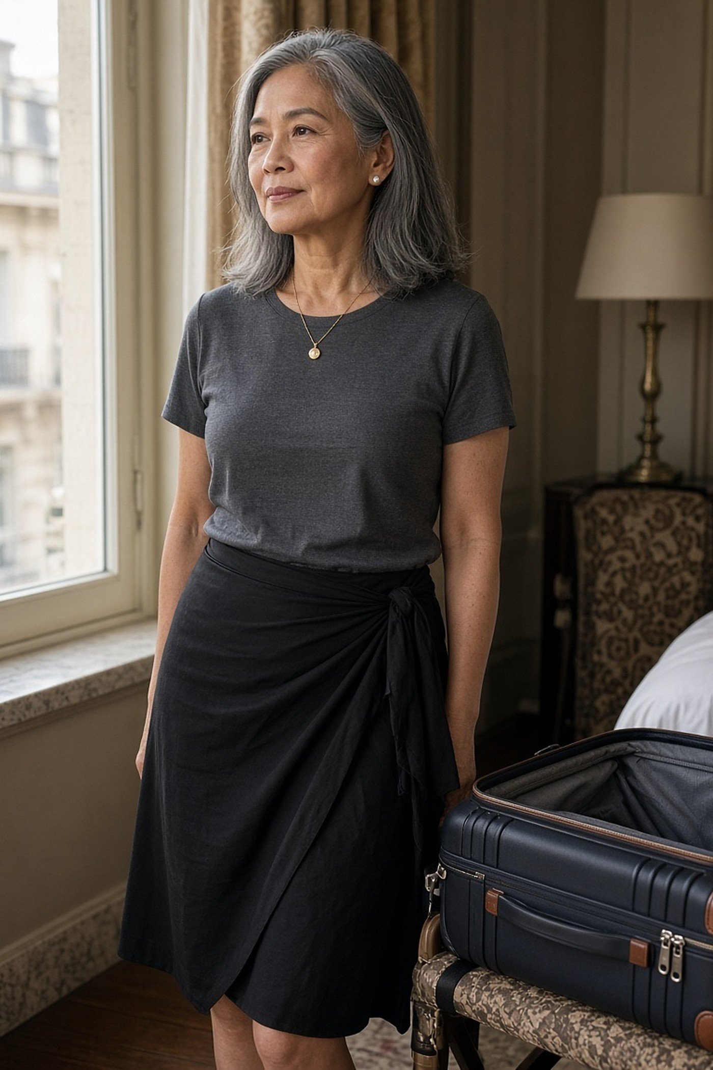 Woman over 60 wearing pearl studs and gold pendant