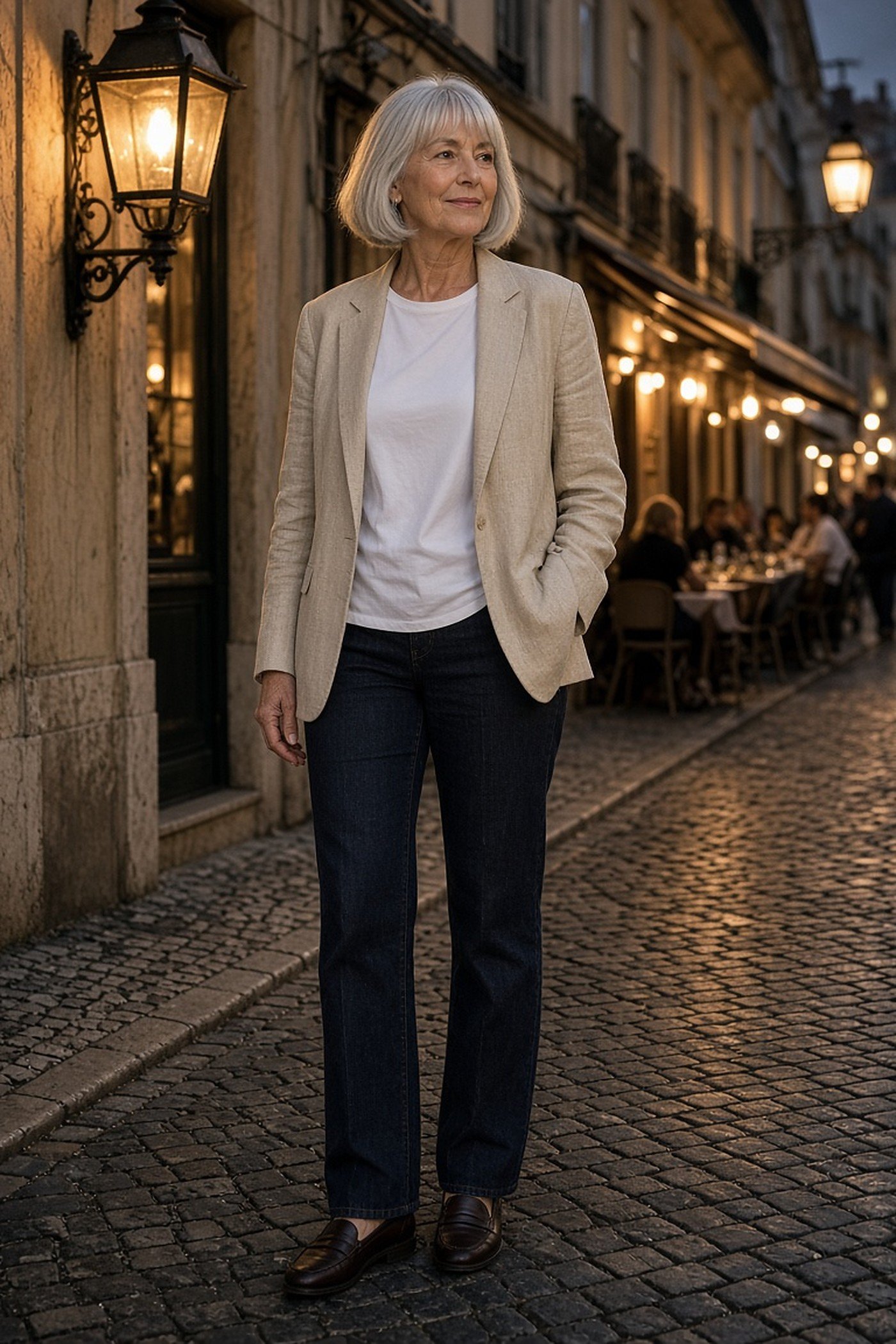Woman over 60 in linen blazer and jeans for evening