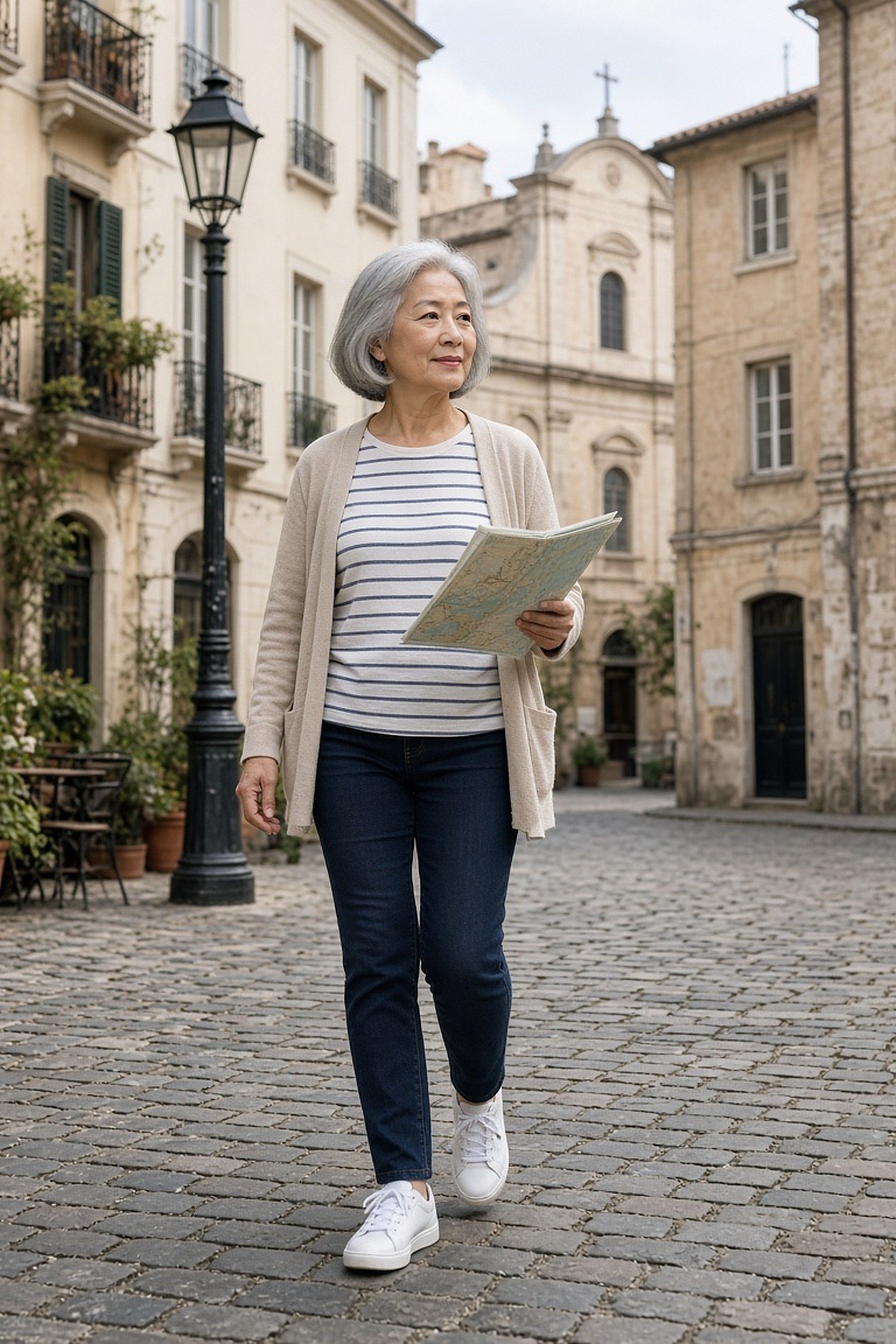 Woman over 60 in dark stretch jeans sightseeing