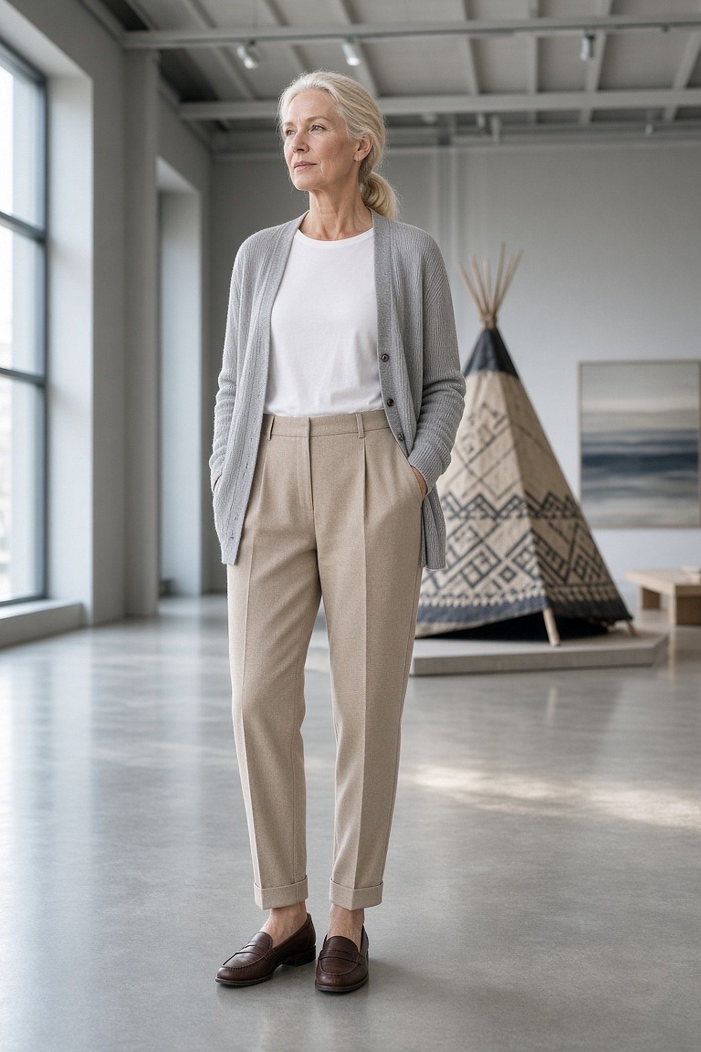 Woman over 60 in lightweight gray cardigan