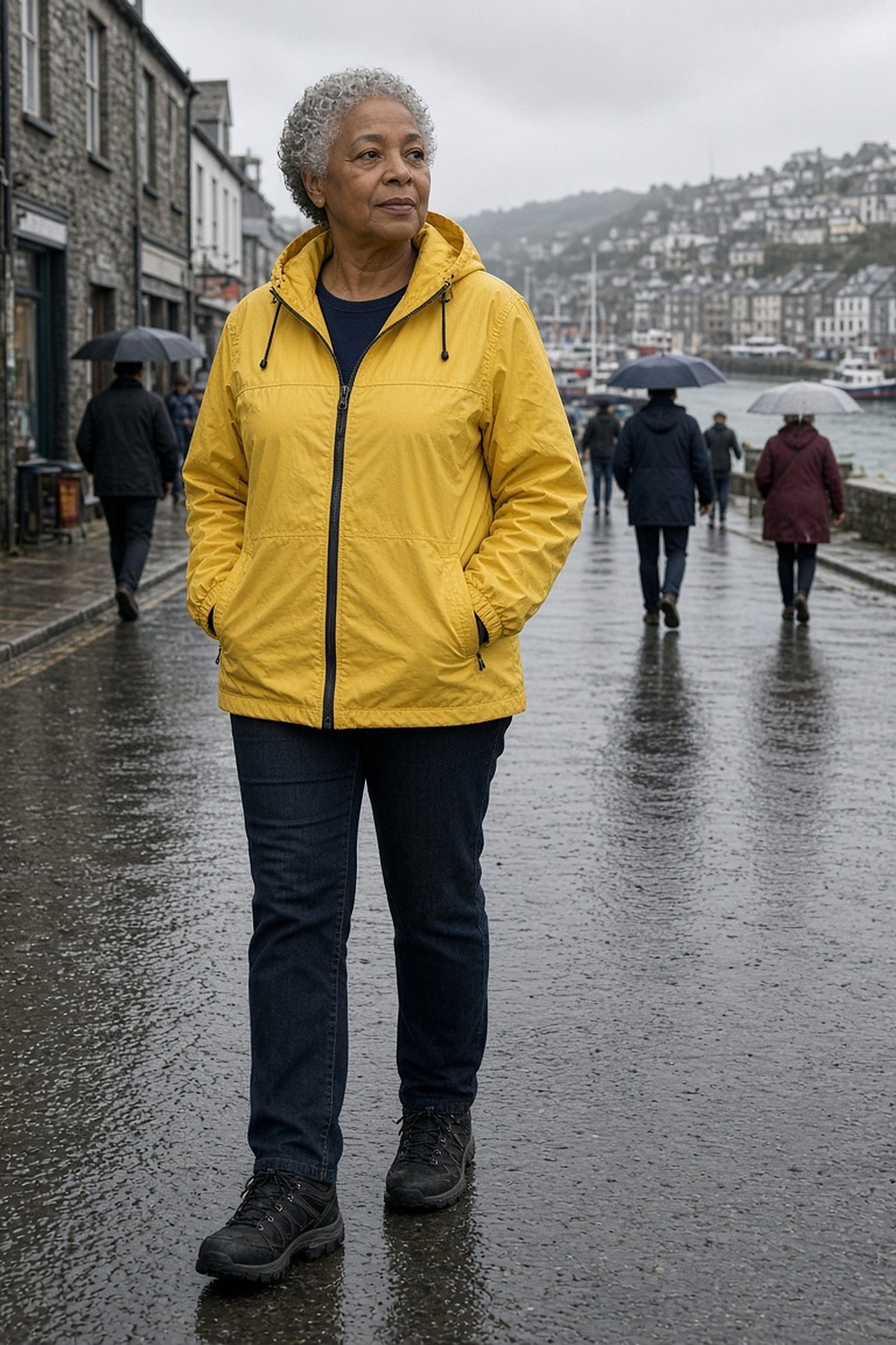 Woman over 60 in packable yellow rain jacket