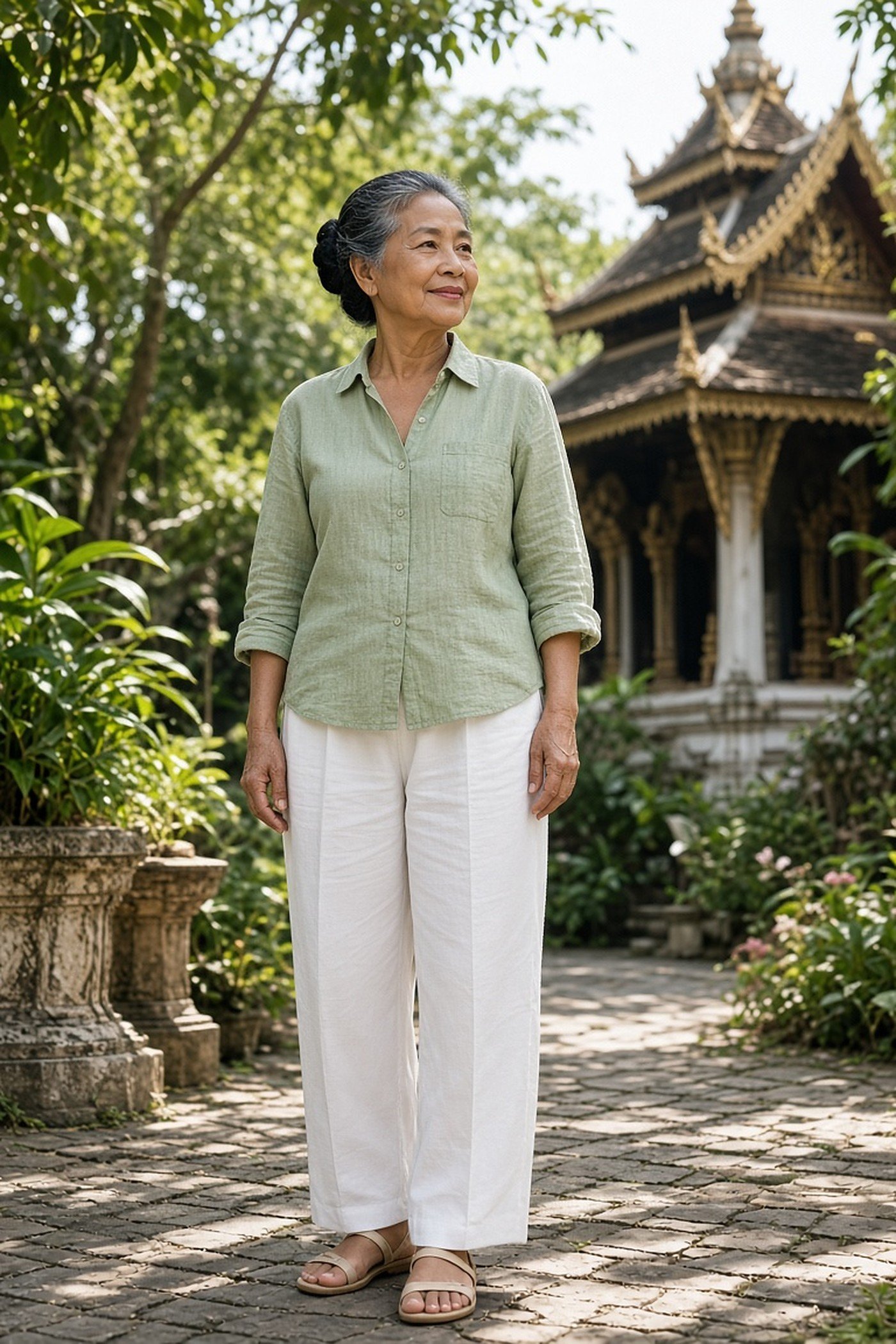 Woman over 60 in breathable linen blouse and white trousers