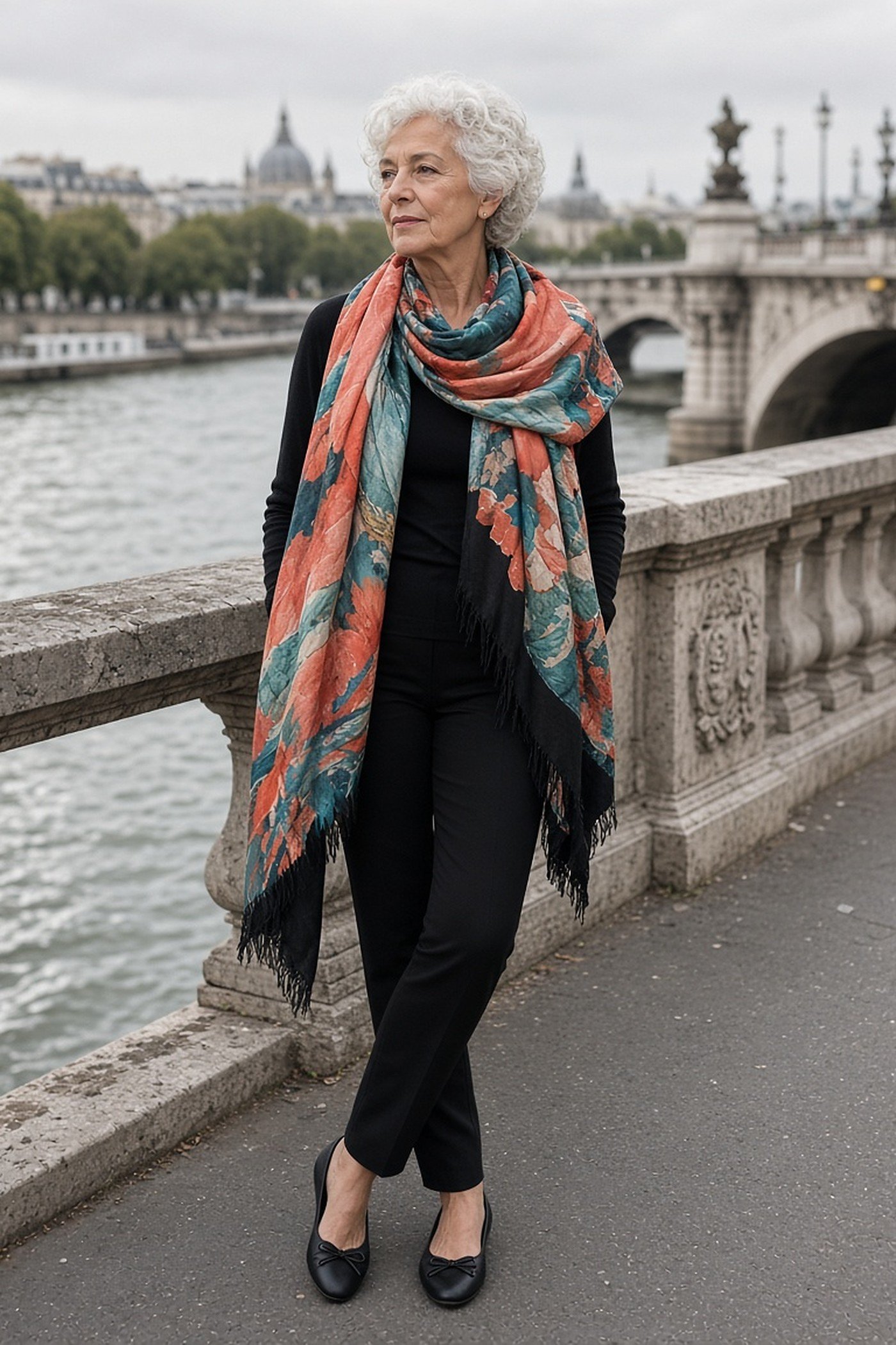 Woman over 60 with large printed travel scarf