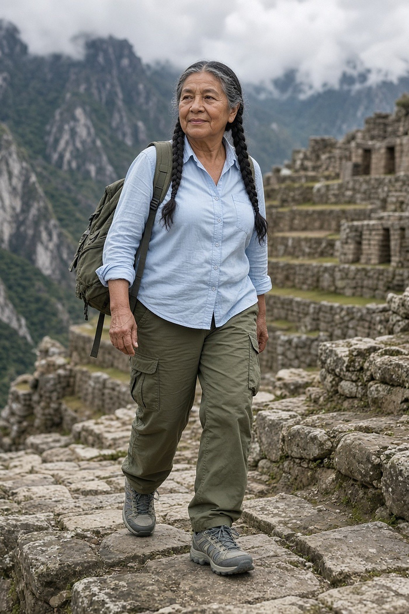 Woman over 60 in supportive walking shoes on stone steps