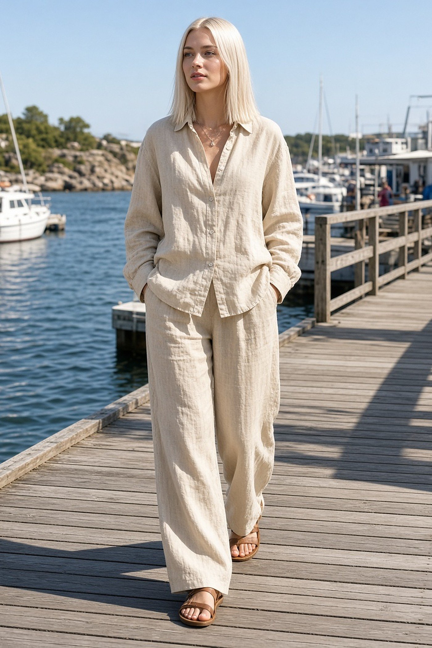 Woman in her 20s in an oversized cream linen shirt and matching linen trousers on a harbor boardwalk