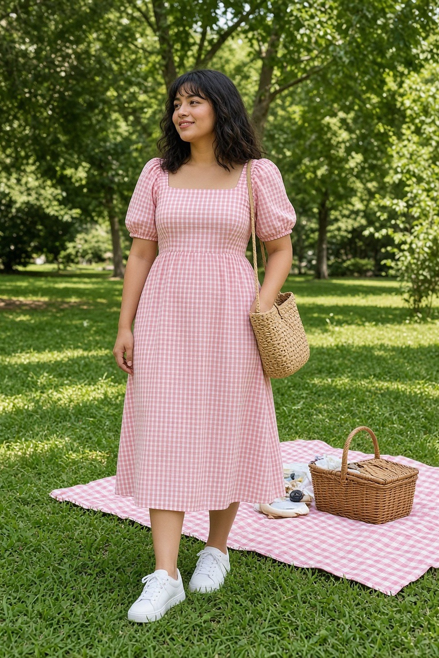 Woman in her 20s in a pink gingham puff-sleeve midi dress at a park picnic