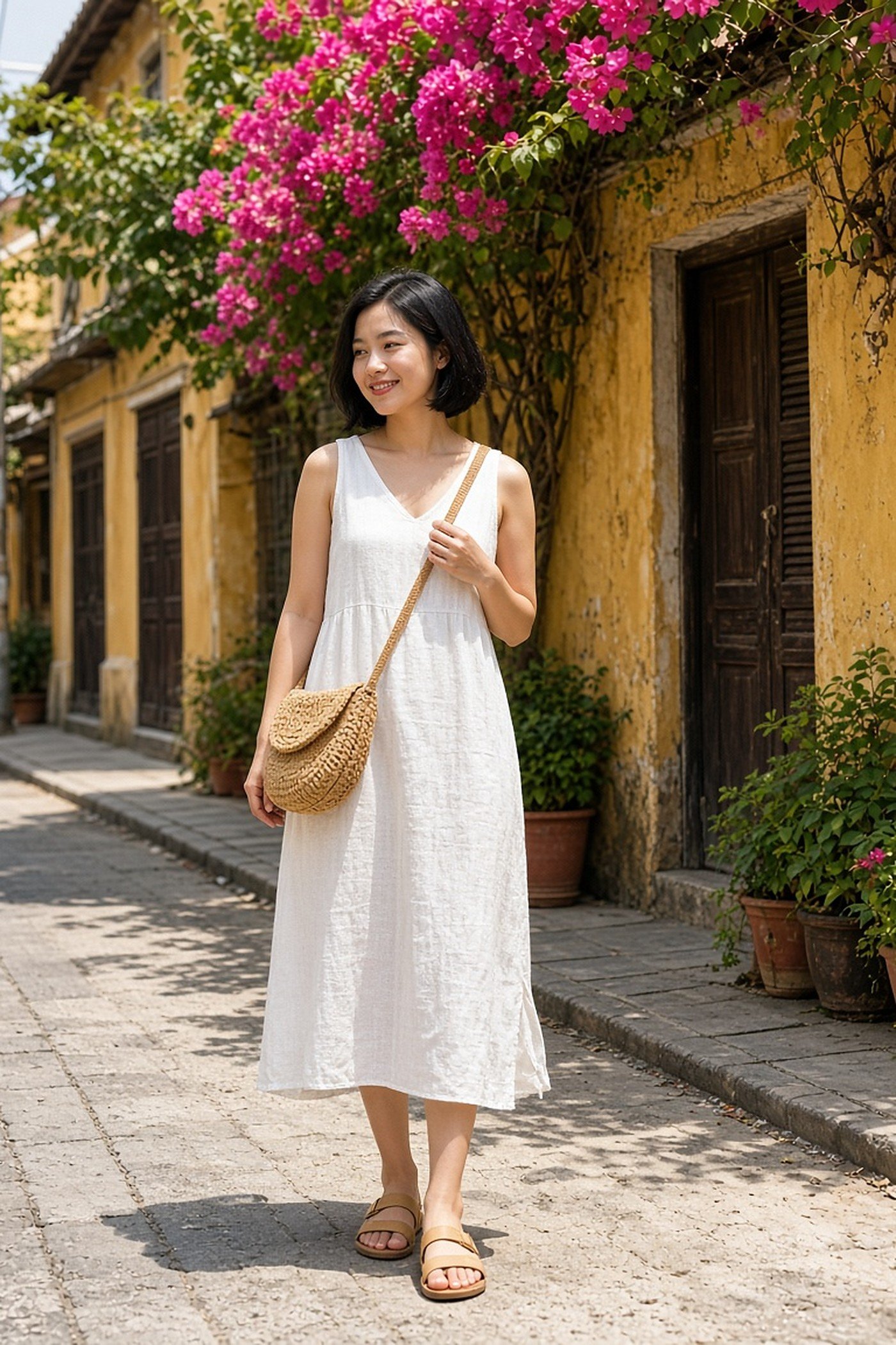 Woman in her 20s with a raffia crossbody bag and white linen dress on an old-town street
