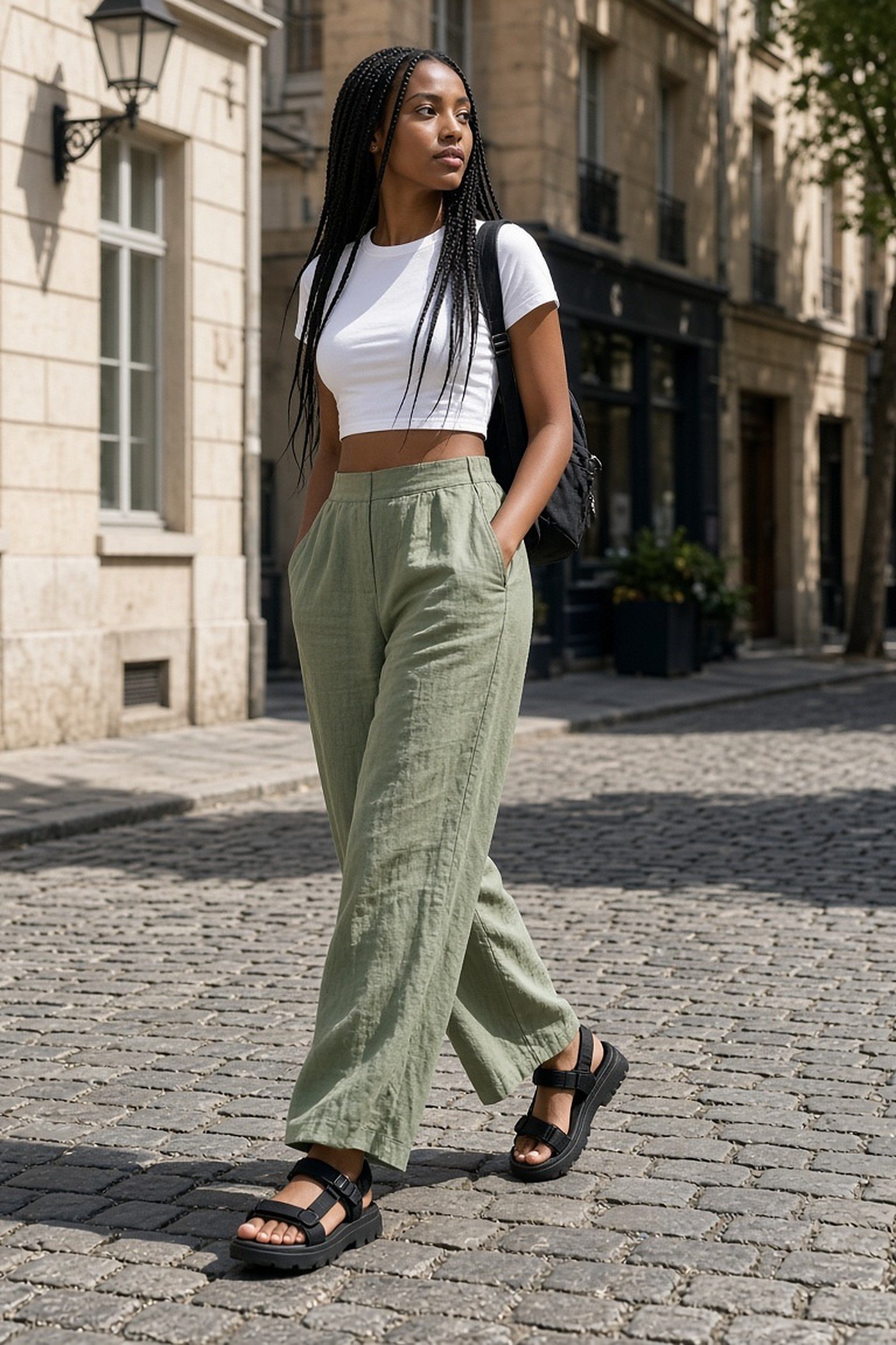 Woman in her 20s in chunky black sporty sandals and sage linen trousers