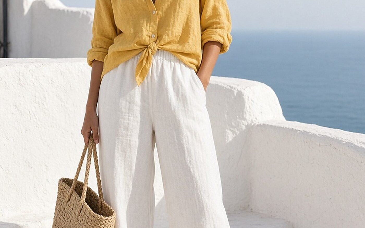 Woman in her 20s in a yellow linen shirt and white linen trousers on a seaside terrace