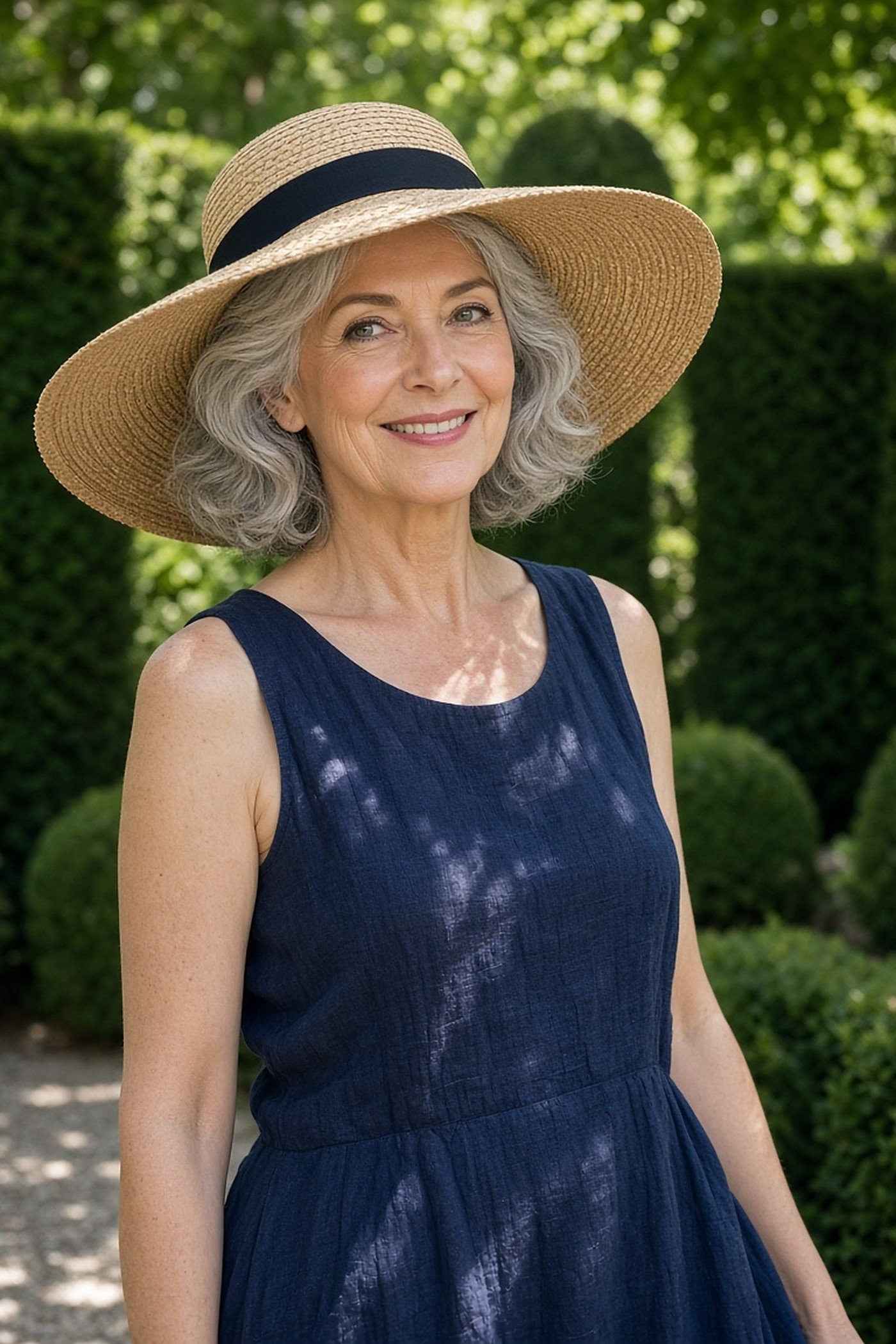 Woman over 50 in a wide-brimmed straw hat and navy linen dress