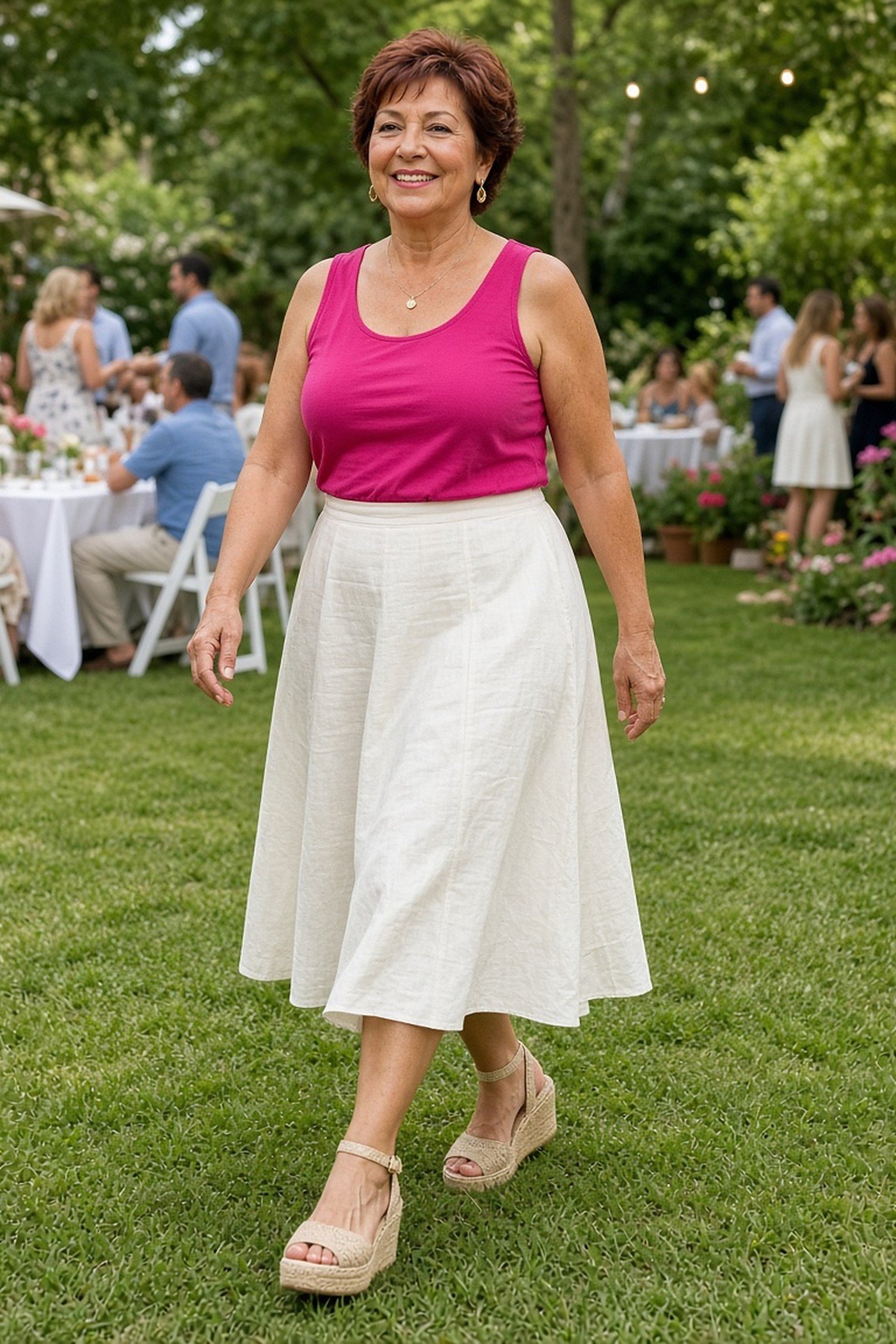 Woman over 50 in jute wedge espadrilles, white skirt and fuchsia top on a lawn