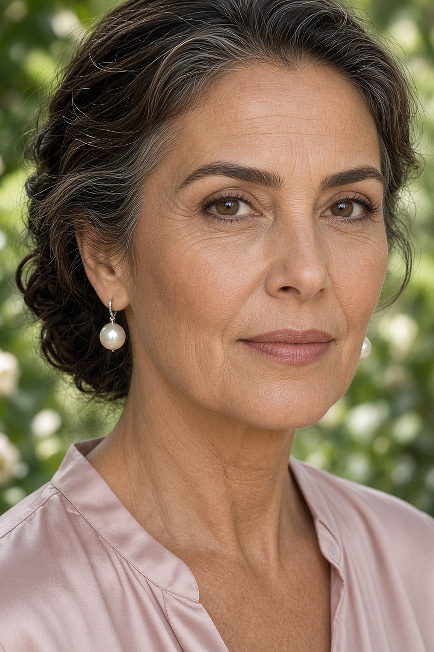Woman over 50 wearing pearl drop earrings and a pink silky blouse