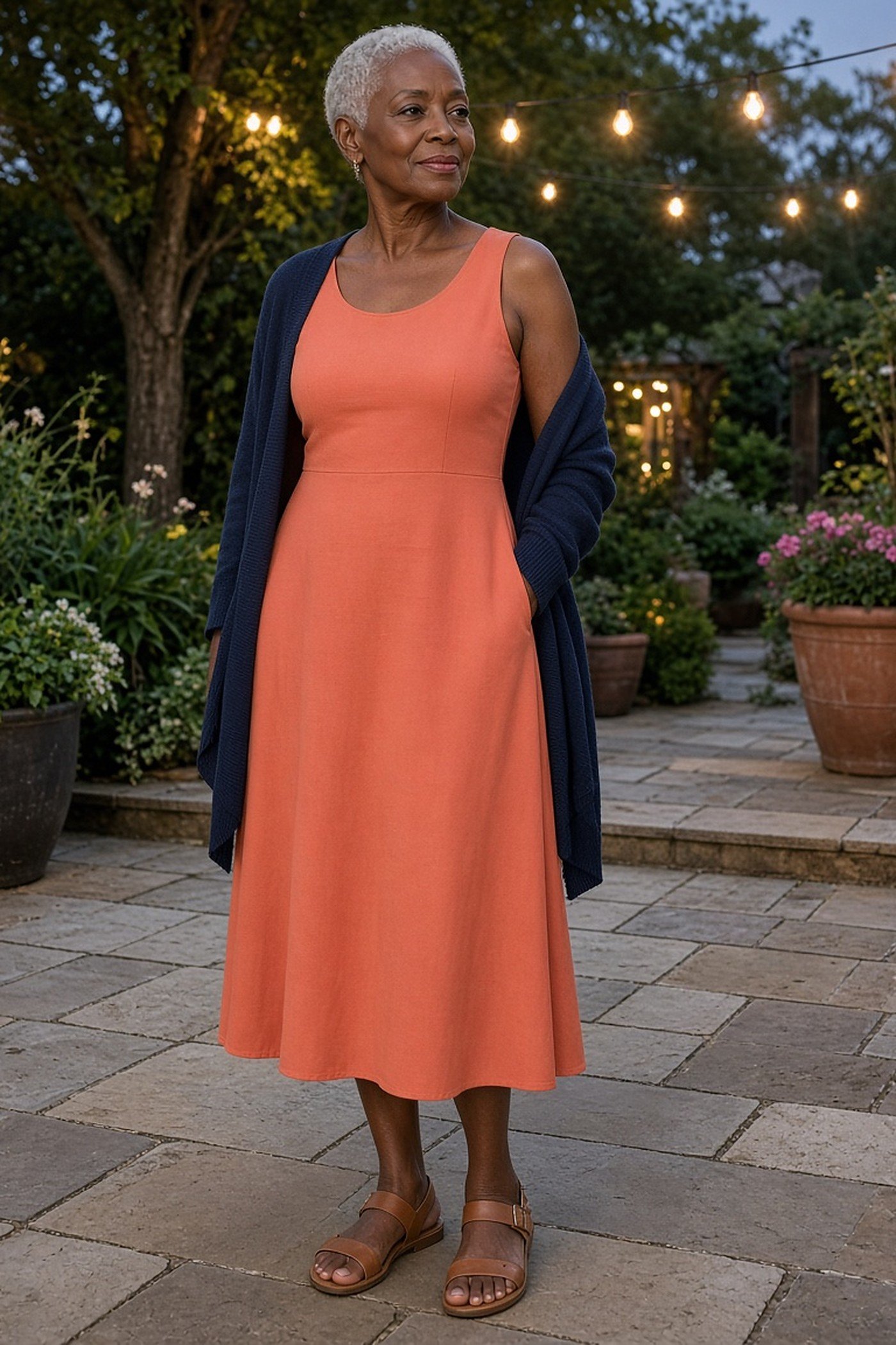 Woman over 50 with a navy cardigan over her shoulders and a coral dress on an evening patio