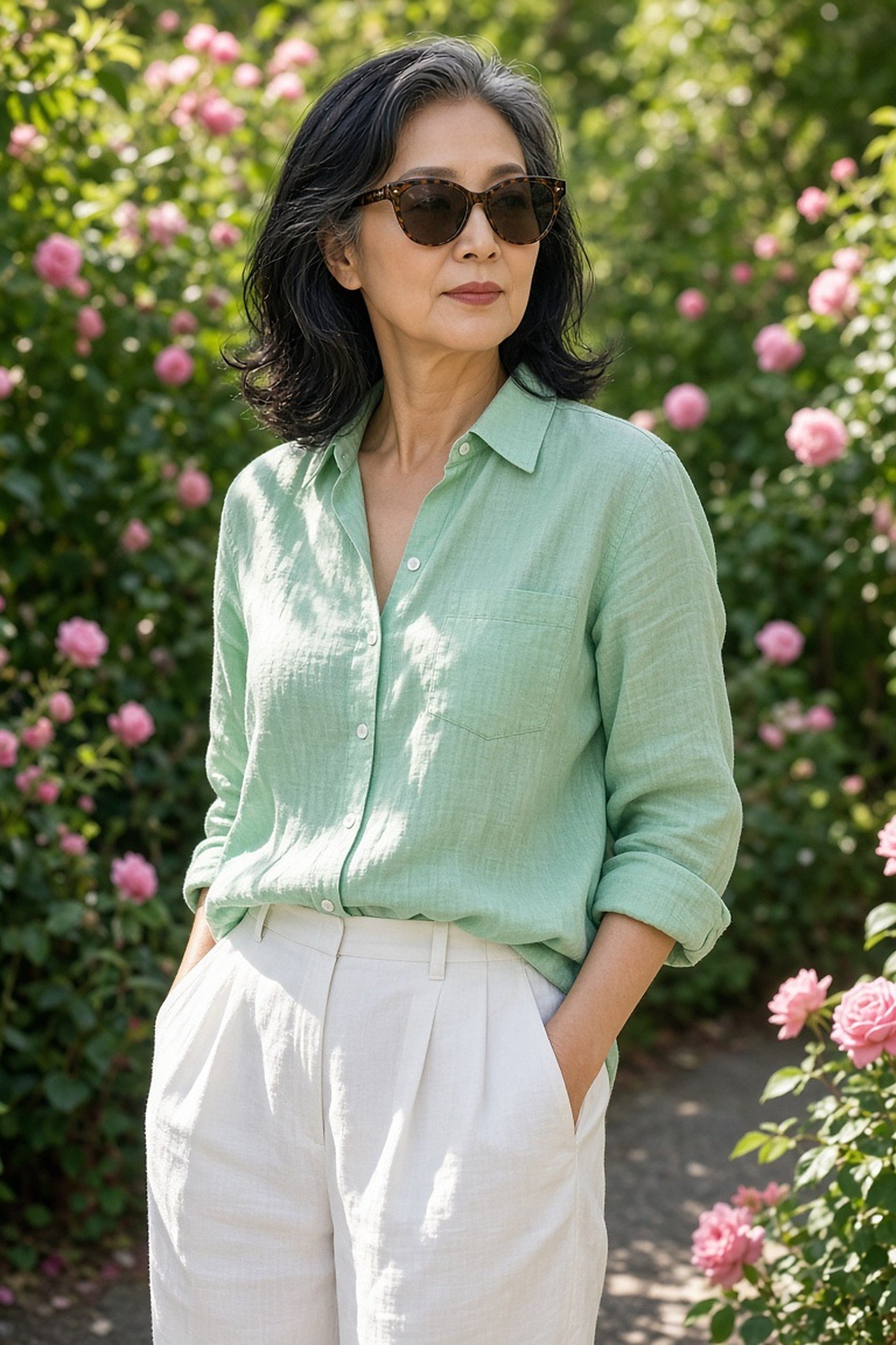 Woman over 50 in tortoiseshell cat-eye sunglasses in a rose garden