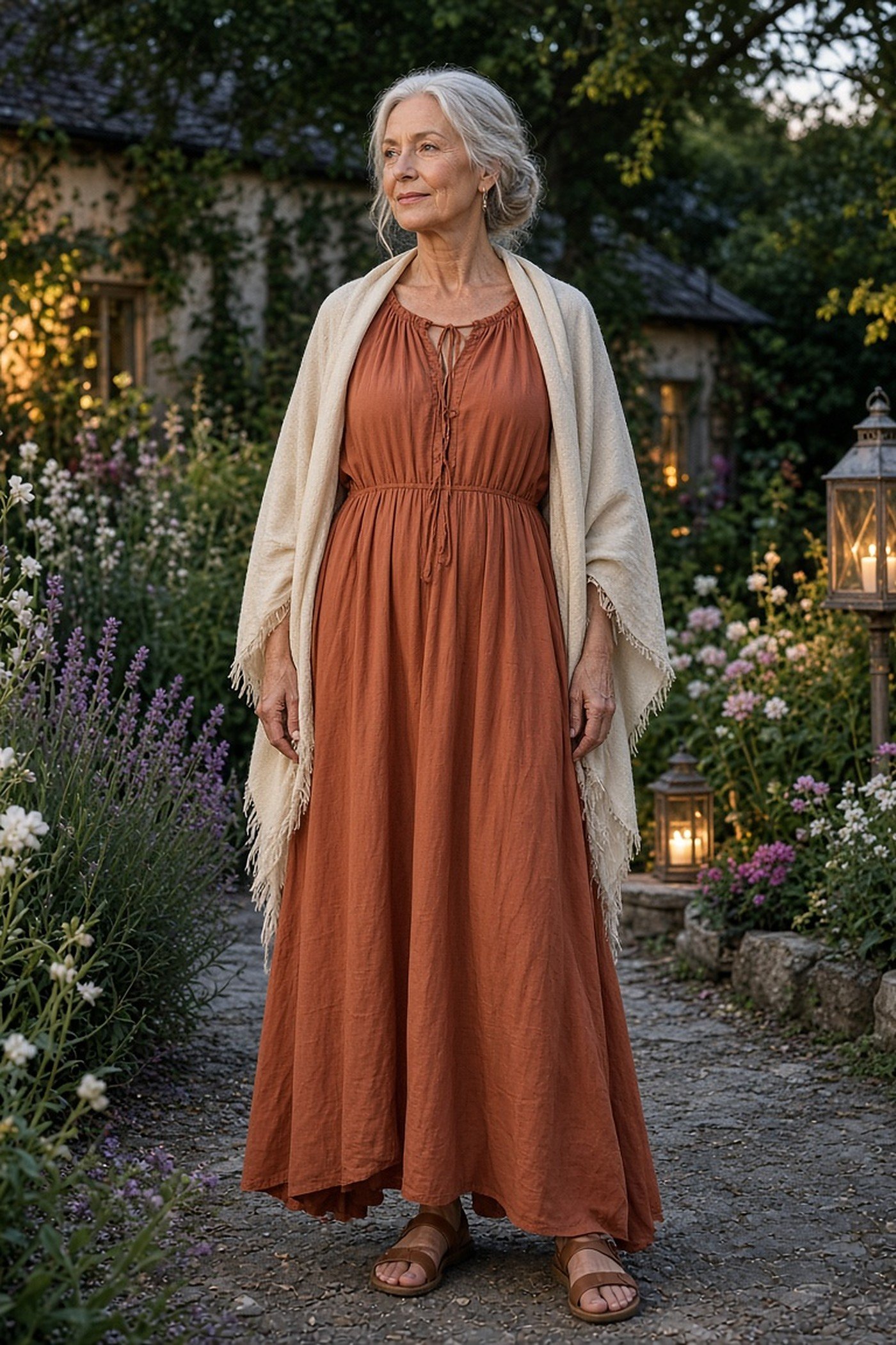 Woman over 50 in a terracotta maxi dress with a cream shawl in an evening garden