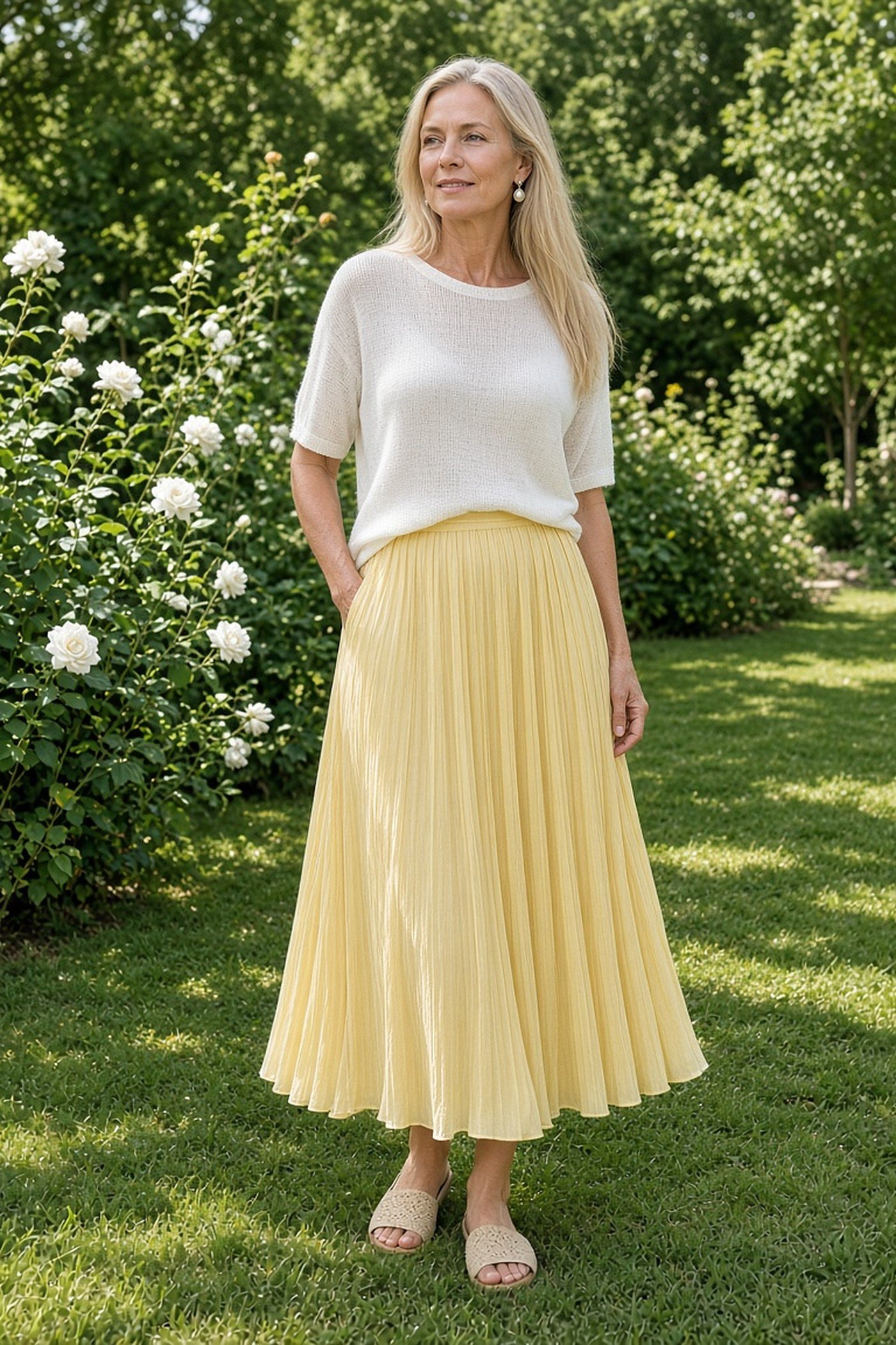 Woman over 50 in a butter-yellow pleated midi skirt and white knit tee