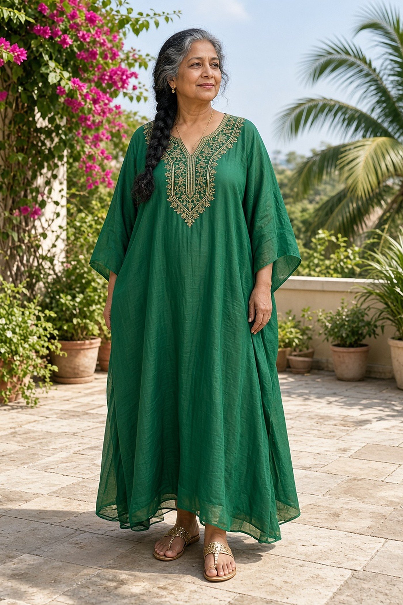 Woman over 50 in an emerald embroidered kaftan with gold sandals