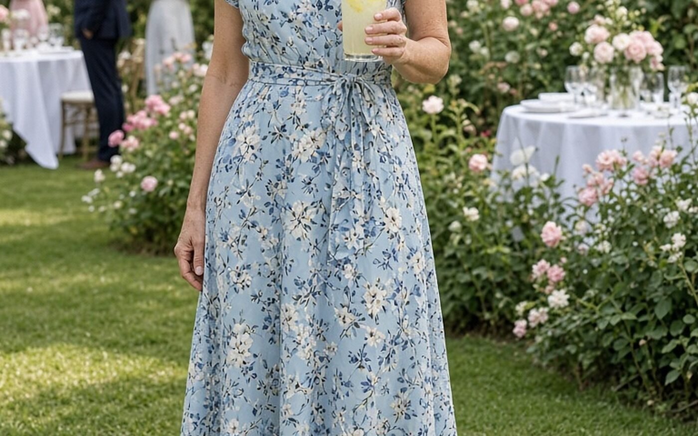 Woman over 50 in a blue floral flutter-sleeve tea dress and straw hat at a garden party