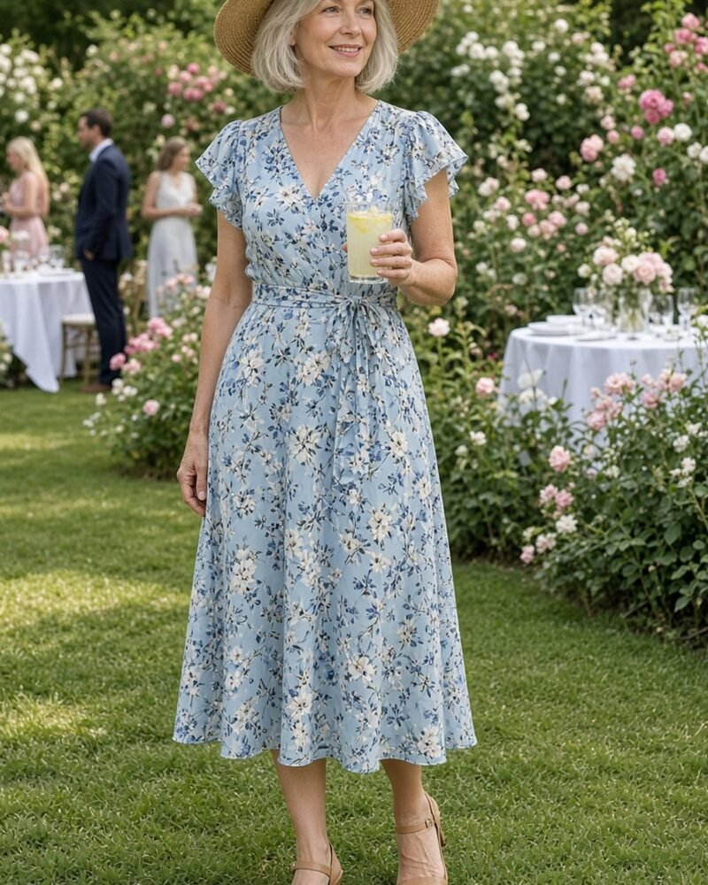Woman over 50 in a blue floral flutter-sleeve tea dress and straw hat at a garden party