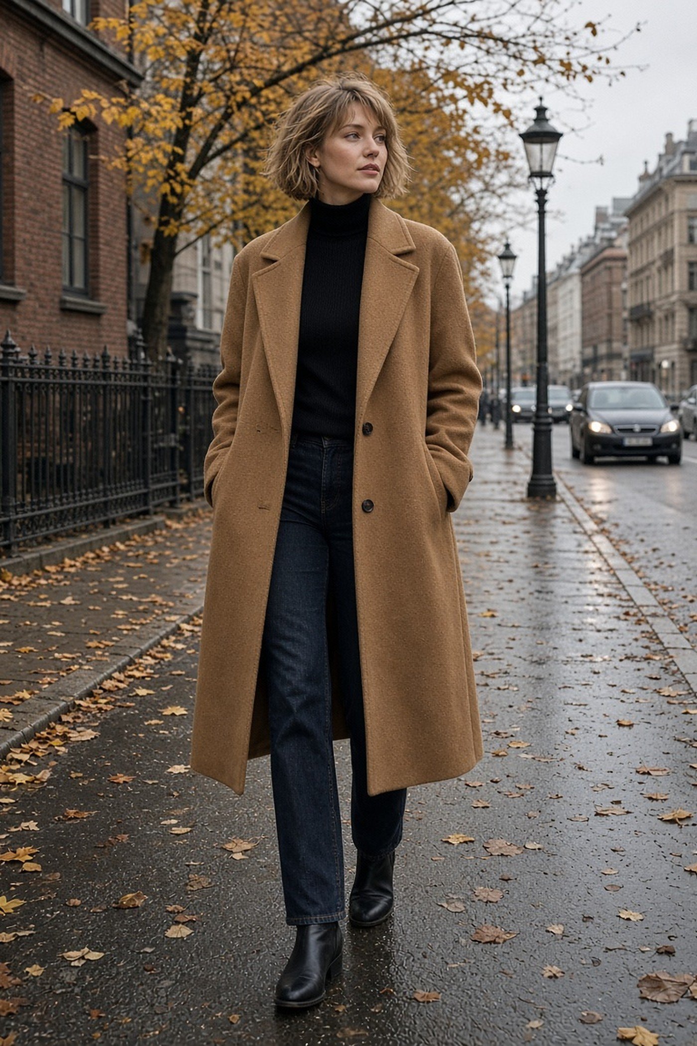 Woman in her 20s in a secondhand camel wool coat and black turtleneck on an autumn street