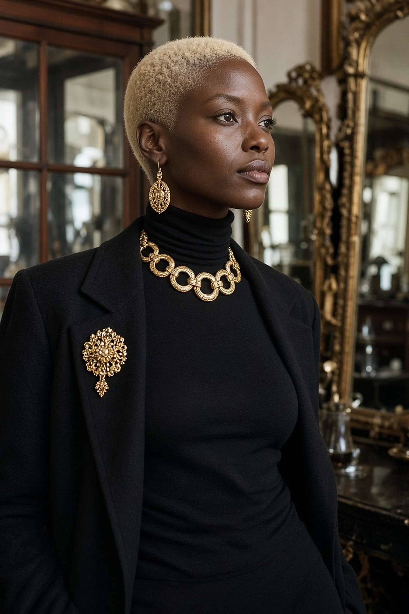 Woman in her 20s wearing a vintage gold brooch and chunky necklace